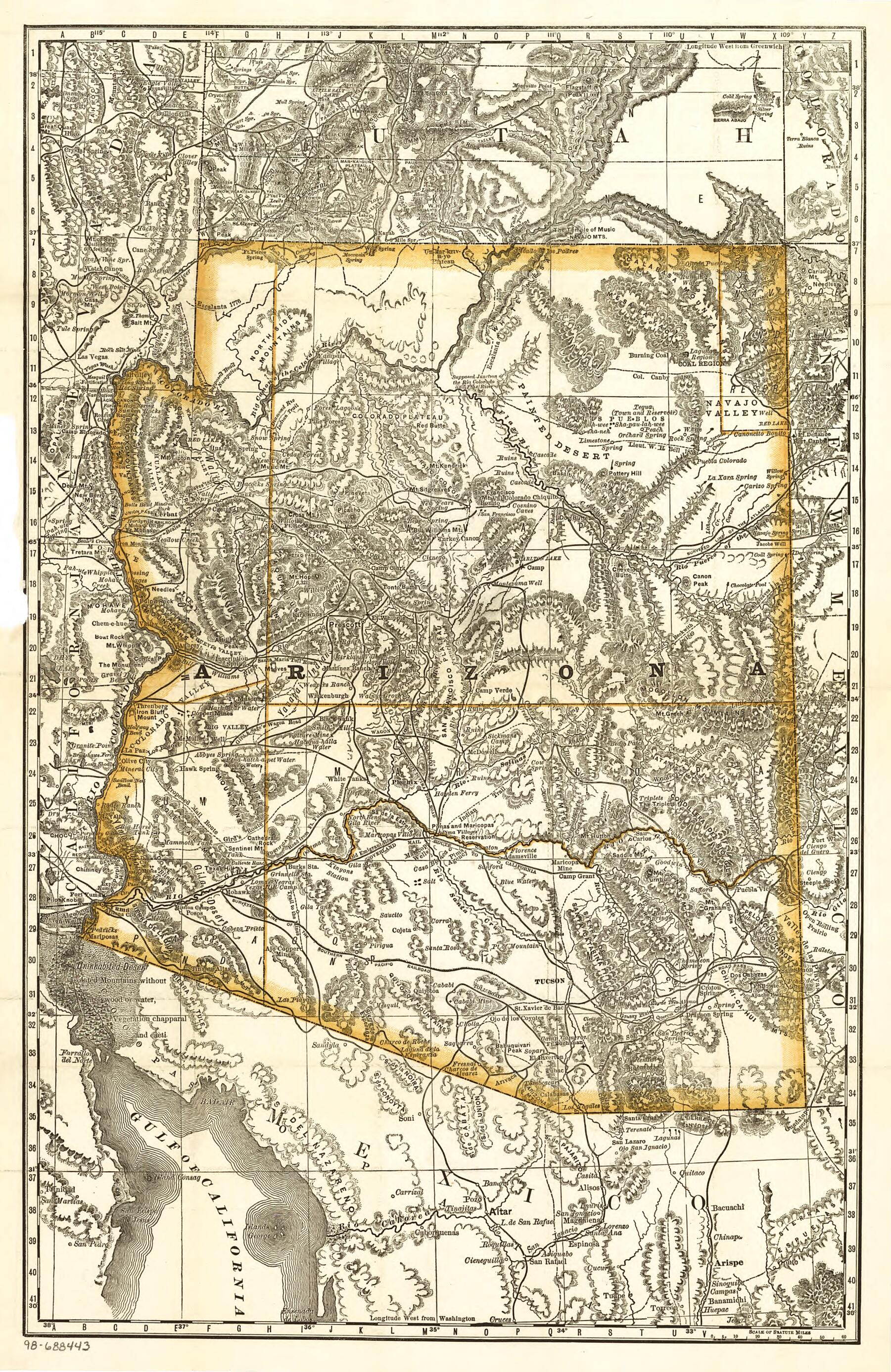 Indexed Map of Arizona Showing the Stage Lines, Counties, Lakes & Rivers in 1876 by Relic Map Company