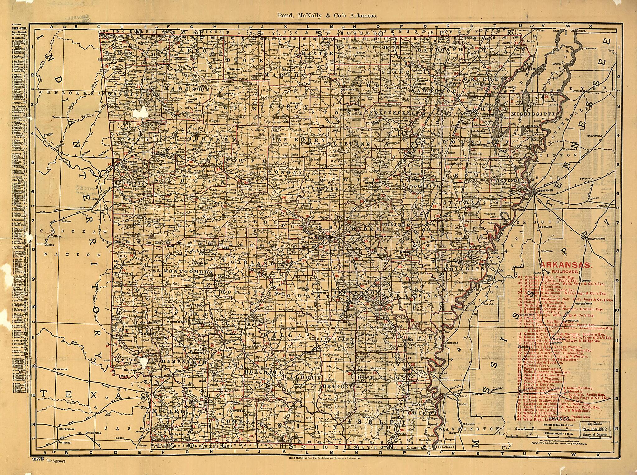 This old map of The Rand McNally Indexed County and Township Pocket Map and Shippers Guide of Arkansas Showing All Railroad, Cities, Towns, Villages, Post Offices, Lakes, Rivers, Etc from 1898 was created by Rand McNally and Company in 1898