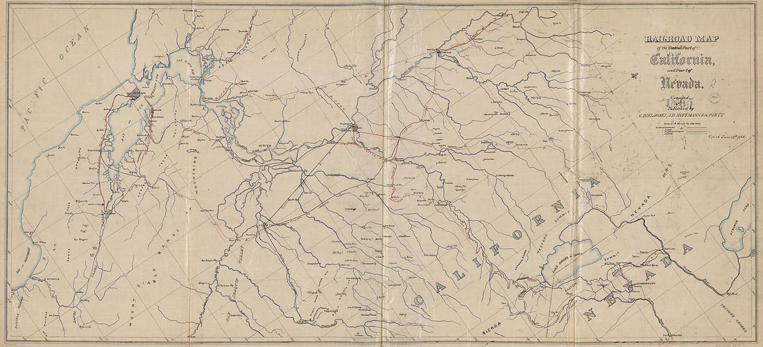 This old map of Railroad Map of the Central Part of California, and Part of Nevada. from 1865 was created by C. Bielawski, J. D. Hoffman, A. Poett in 1865