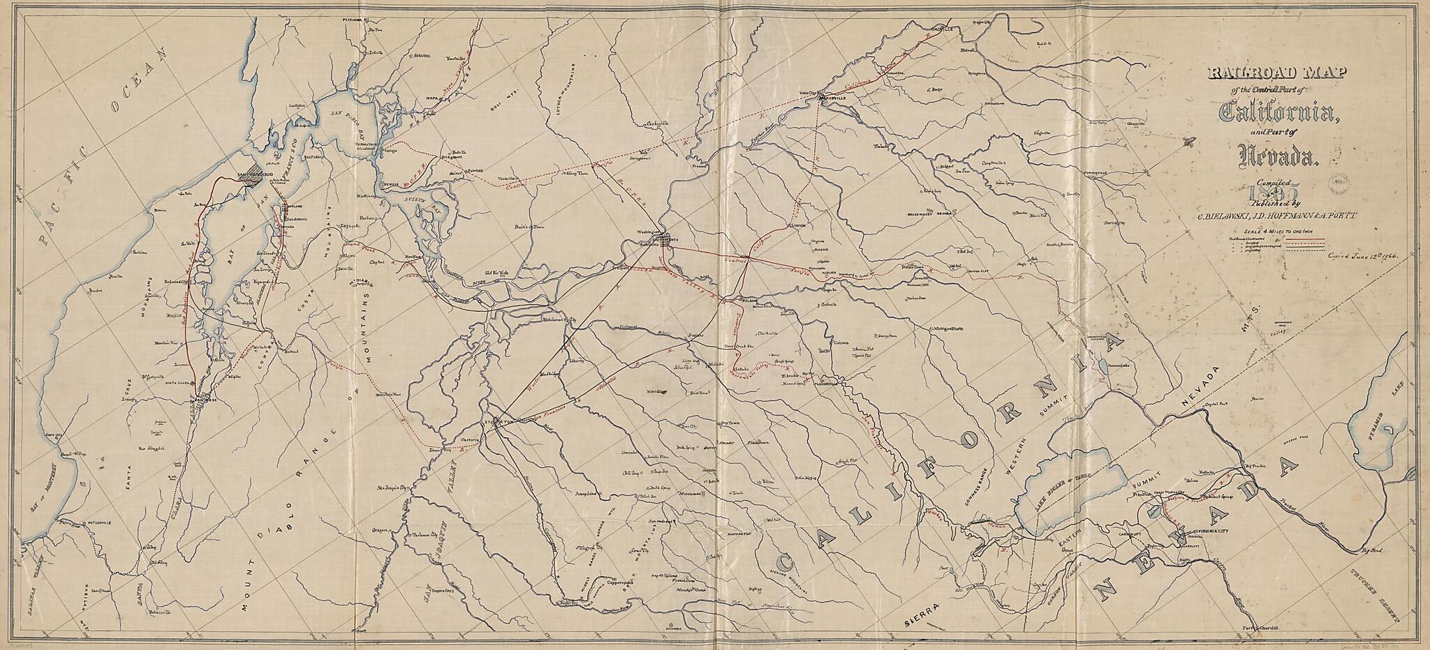 This old map of Railroad Map of the Central Part of California, and Part of Nevada. from 1865 was created by C. Bielawski, J. D. Hoffman, A. Poett in 1865