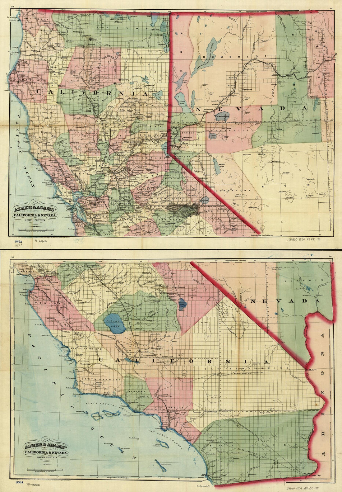 This old map of New Commercial and Topographical Rail Road Map & Guide of California and Nevada from 1874 was created by Asher & Adams in 1874