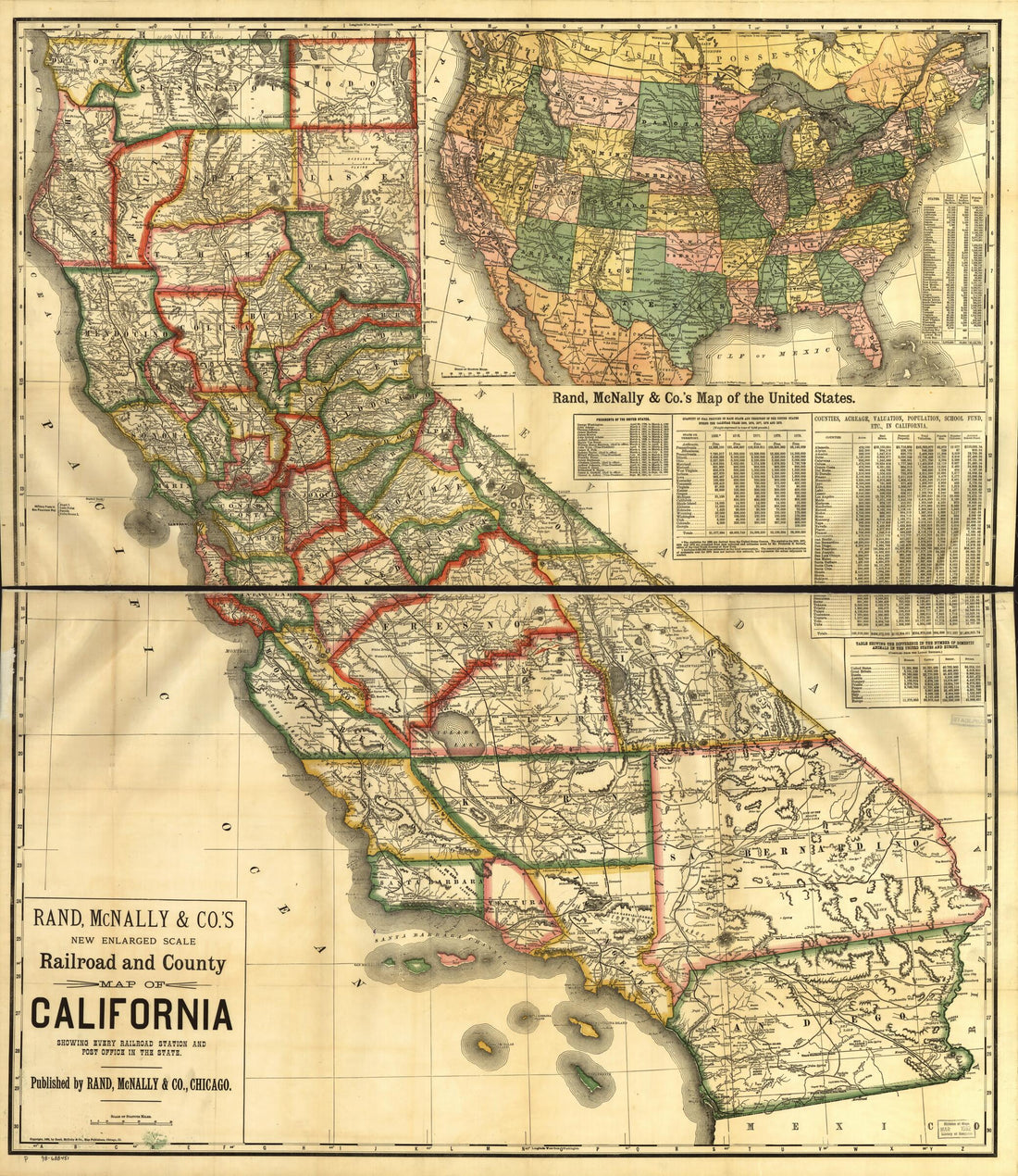 This old map of New Enlarged Scale Railroad and County Map of California Showing Every Railroad Station and Post Office In the State from 1883 was created by Rand McNally and Company in 1883