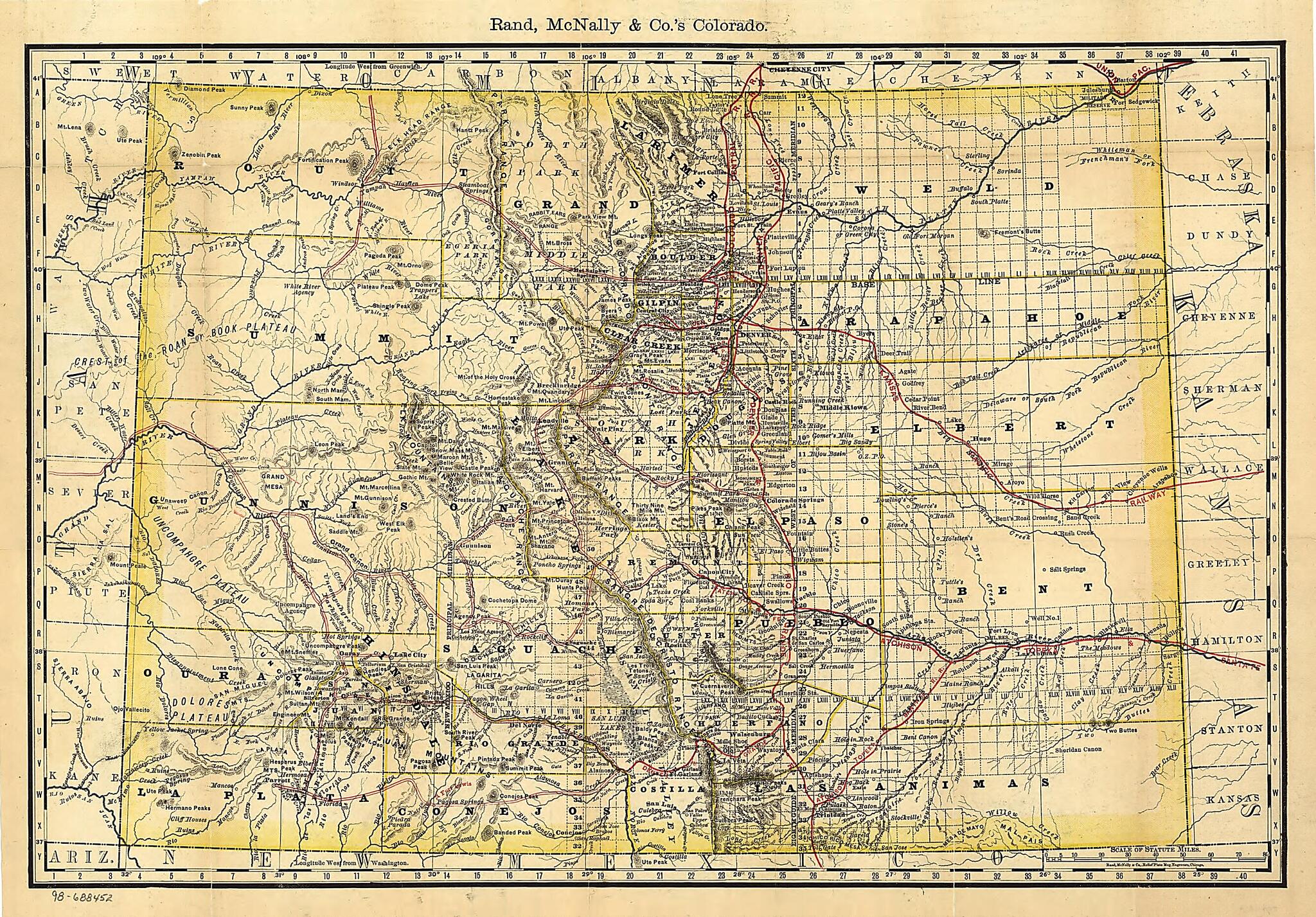 This old map of Indexed Map of Colorado Showing the Railroads In the State, and the Express Company Doing Business Over Each, Also Counties and Rivers from 1879 was created by Rand McNally and Company in 1879