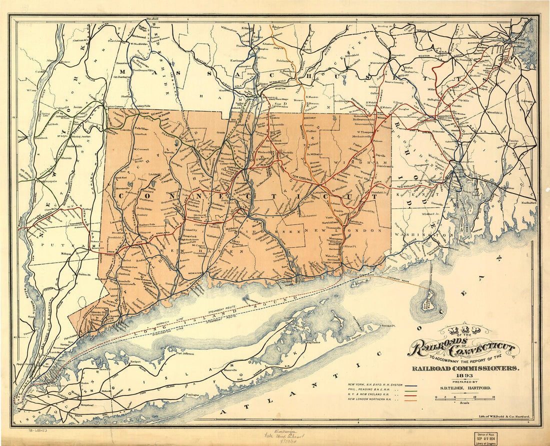 This old map of Map of the Railroads of Connecticut to Accompany the Report.. from 1893. Prepared by S. D. Tilden, Hartford was created by Connecticut. Railroad Commissioners in 1893