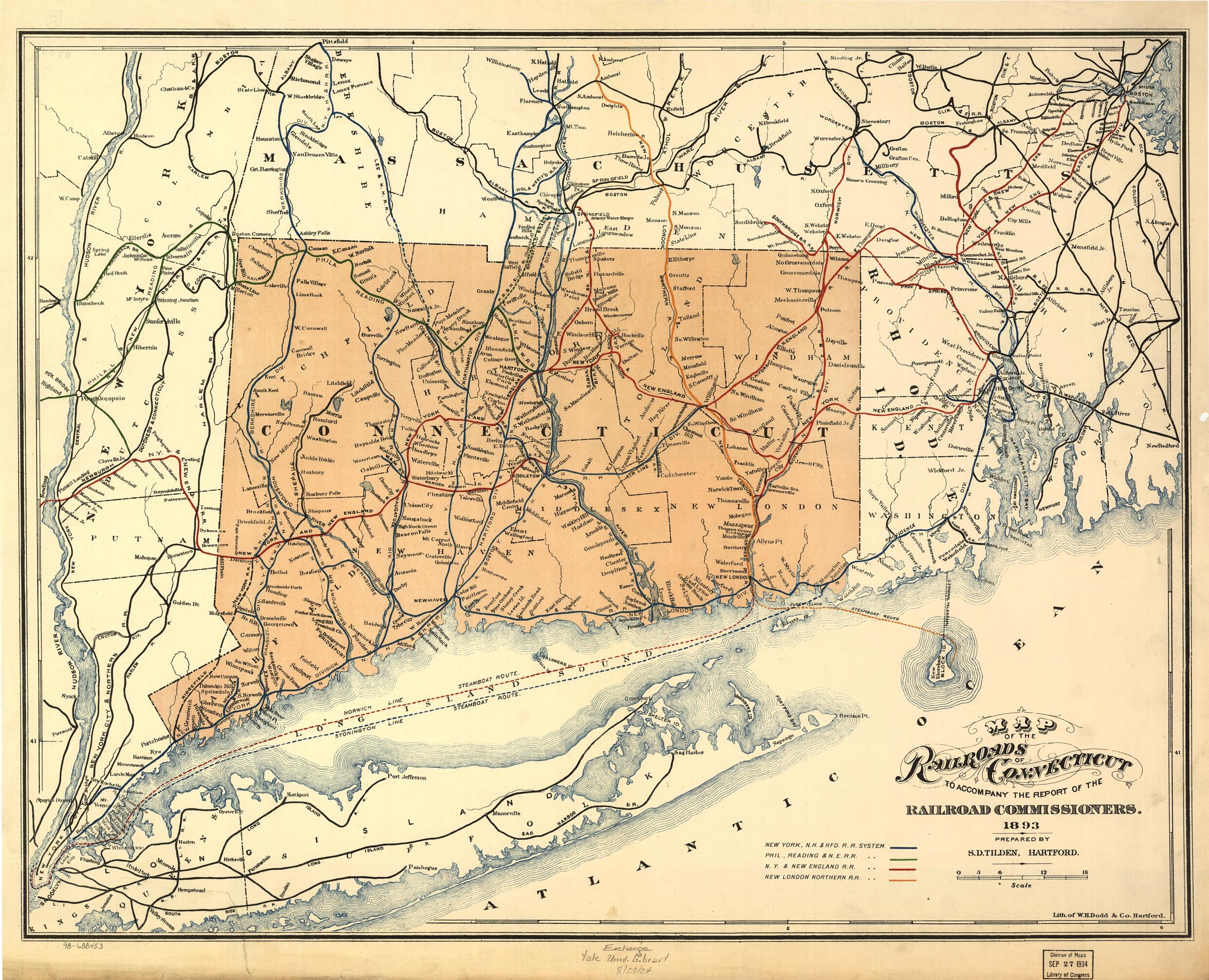 This old map of Map of the Railroads of Connecticut to Accompany the Report.. from 1893. Prepared by S. D. Tilden, Hartford was created by Connecticut. Railroad Commissioners in 1893