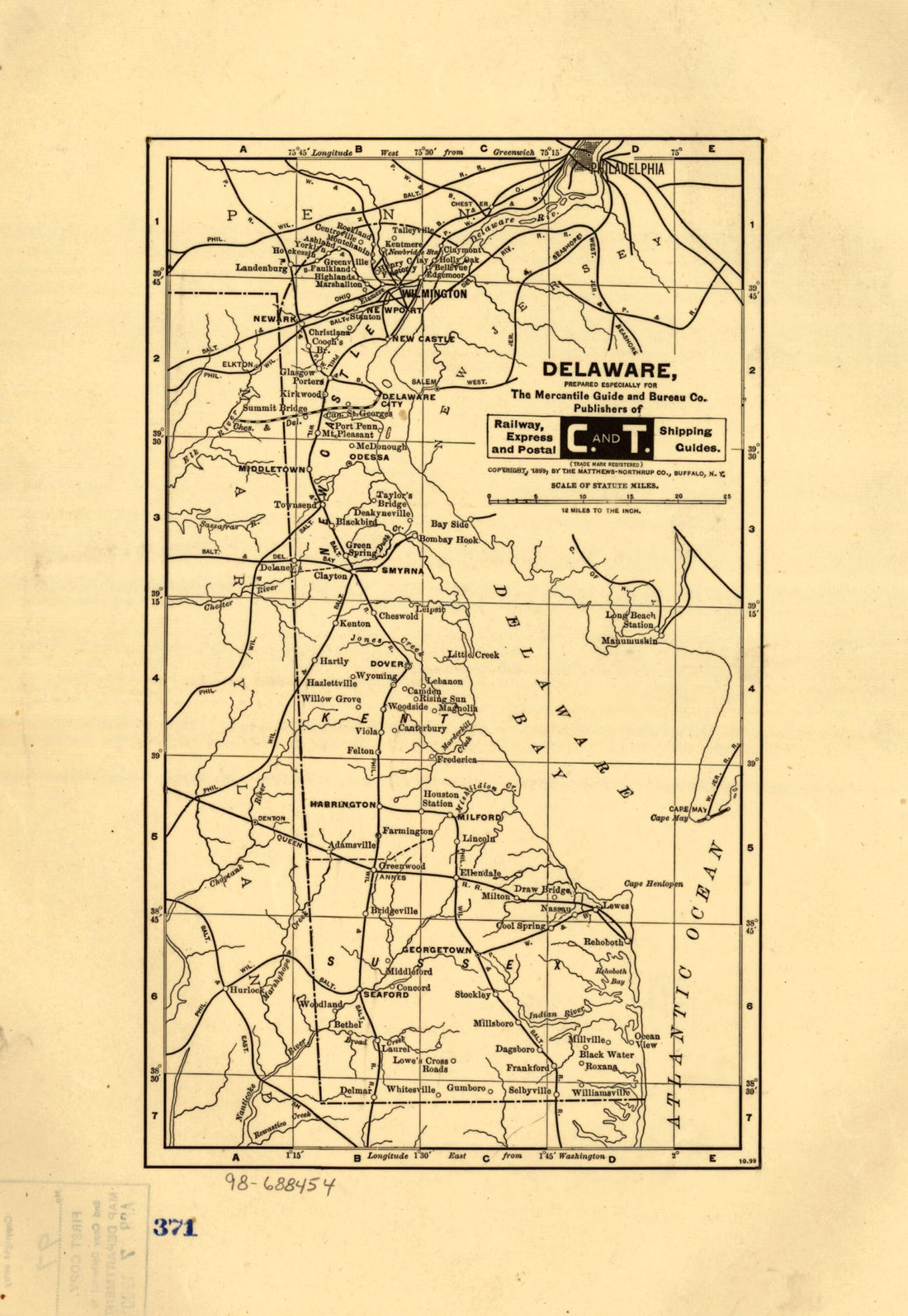 This old map of Delaware, Prepared Especially for the Mercantile Guide and Bureau Co. Publishers of Railway, Express and Postal Shipping Guides from 1899 was created by Northrup Company in 1899