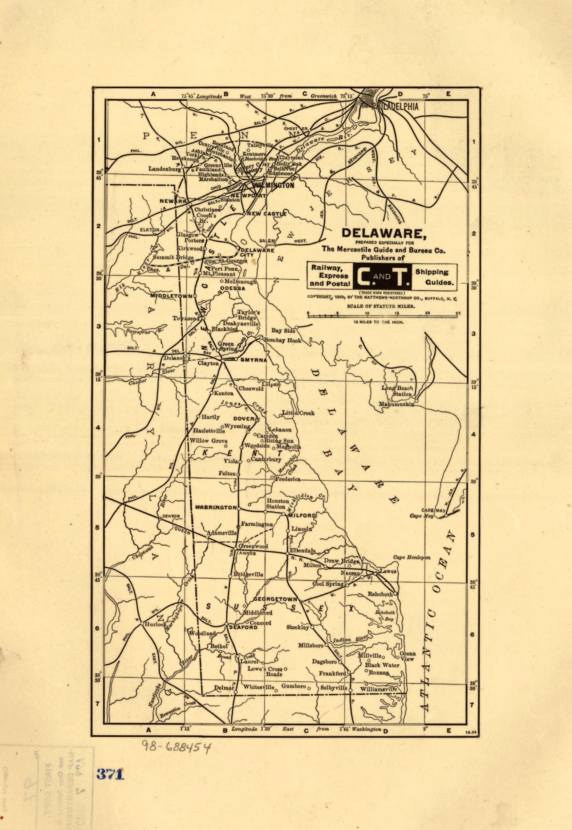 This old map of Delaware, Prepared Especially for the Mercantile Guide and Bureau Co. Publishers of Railway, Express and Postal Shipping Guides from 1899 was created by Northrup Company in 1899