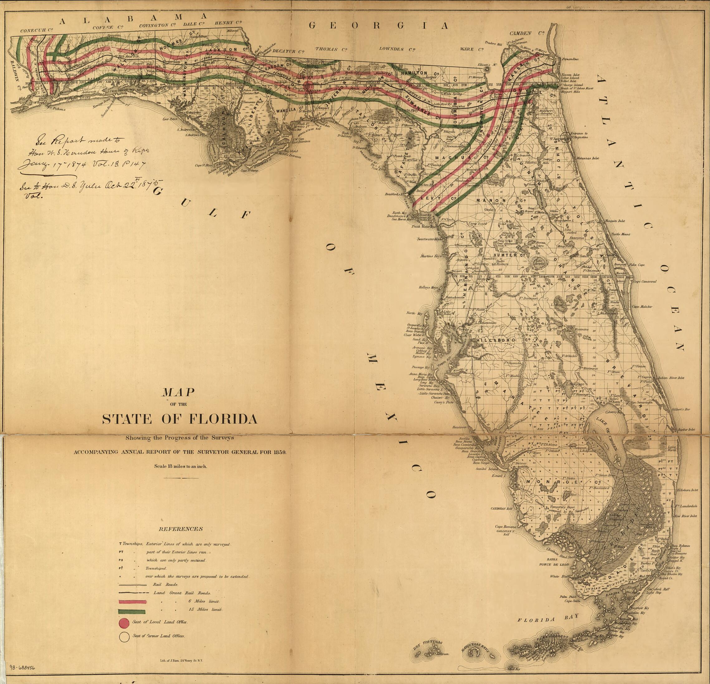 This old map of Map of the State of Florida Showing the Progress of the Surveys Accompanying Annual Report of the Surveyor General for from 1859 was created by United States. General Land Office in 1859