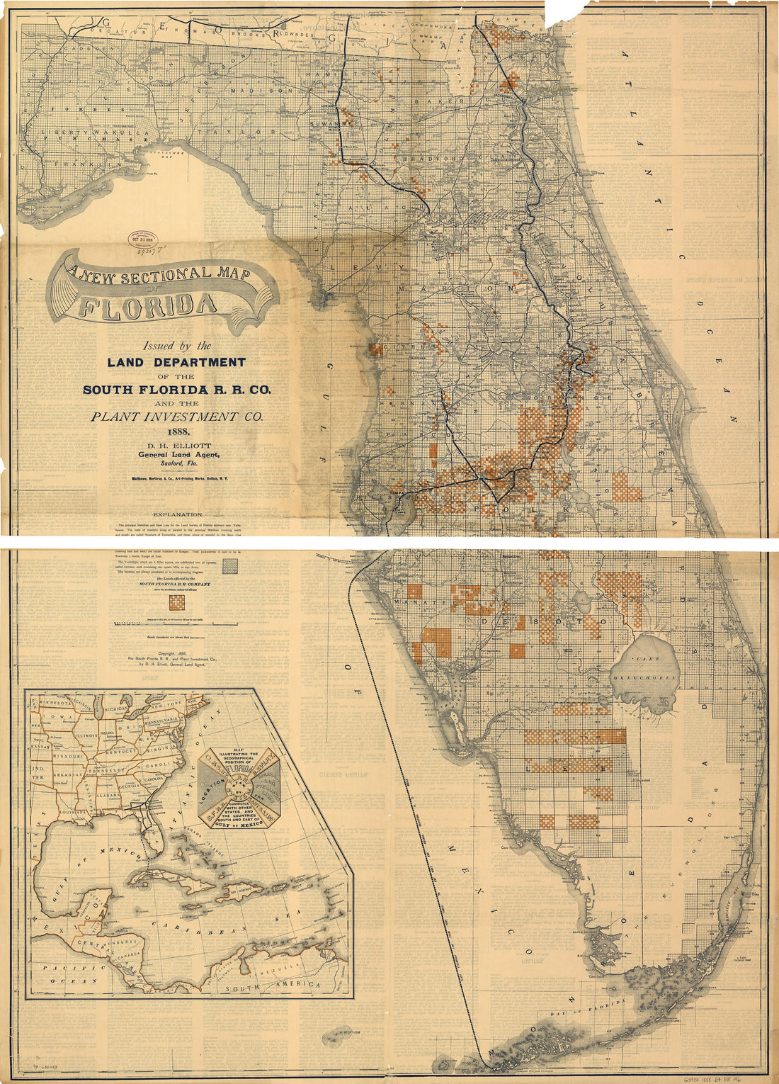 This old map of A New Sectional Map of Florida Issued by the Land Department of the South Florida R. R. Co. and the Plant Investment Co from 1888 was created by D. H. Elliott in 1888