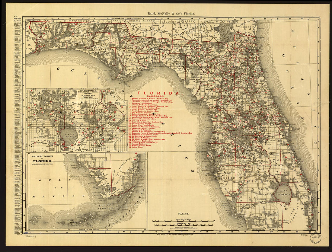 This old map of McNally Indexed County and Township Pocket Map and Shippers Guide of Florida Showing All Railroads, Cities, Towns, Villages, Post Offices, Lakes, Rivers, Etc from 1900 was created by Rand McNally and Company in 1900