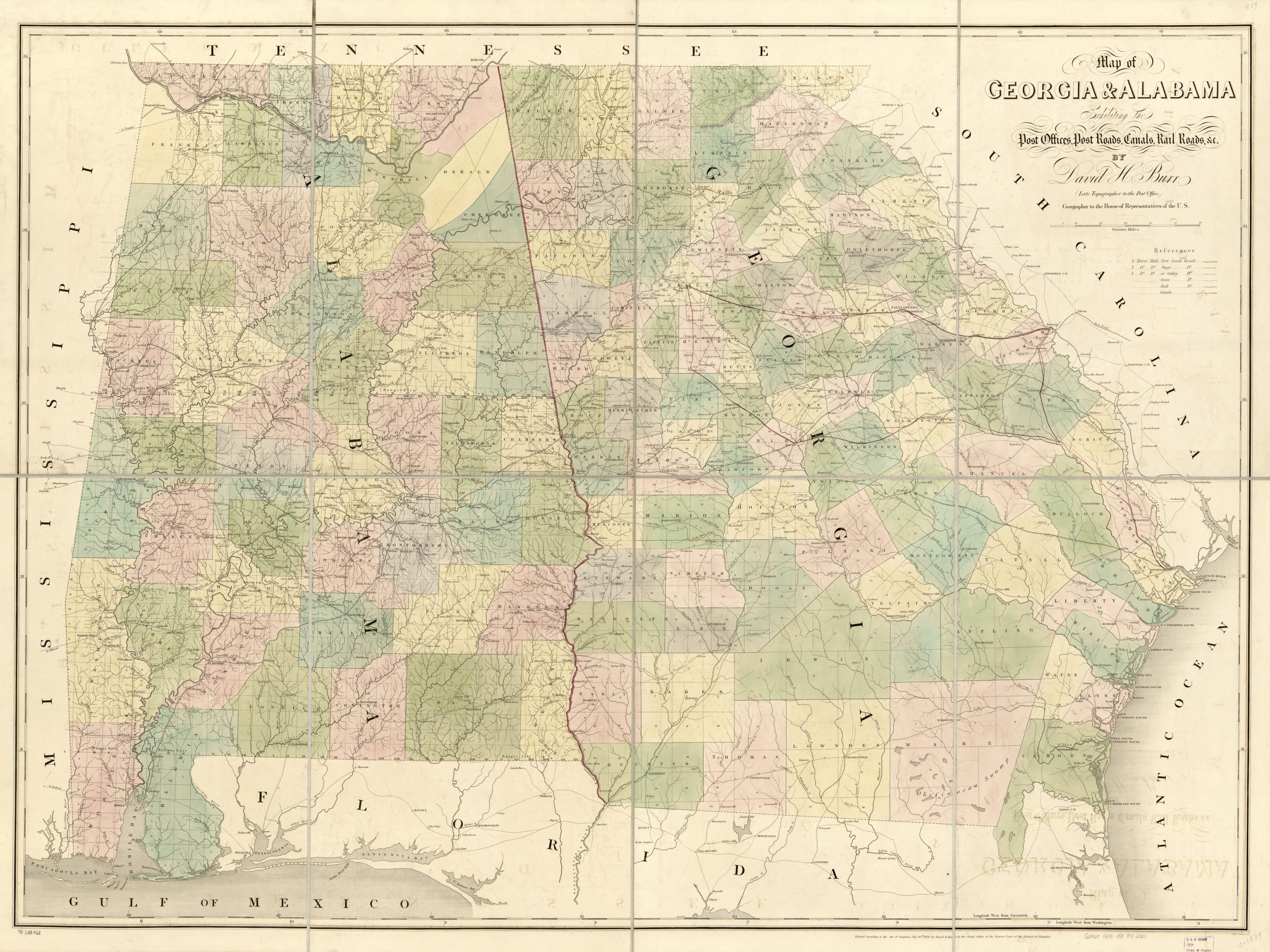 This old map of Map of Georgia & Alabama Exhibiting the Post Offices, Post Roads, Canals, Rail Roads & C.; by David H. Burr (Late Topographer to the Post Office), Geographer to the House of Representatives of the U.S from 1839 was created by David H. Bur