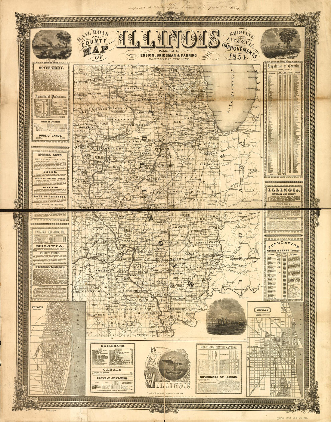 This old map of Rail Road and County Map of Illinois Showing Its Internal Improvements from 1854 was created by Bridgman & Fanning Ensign in 1854