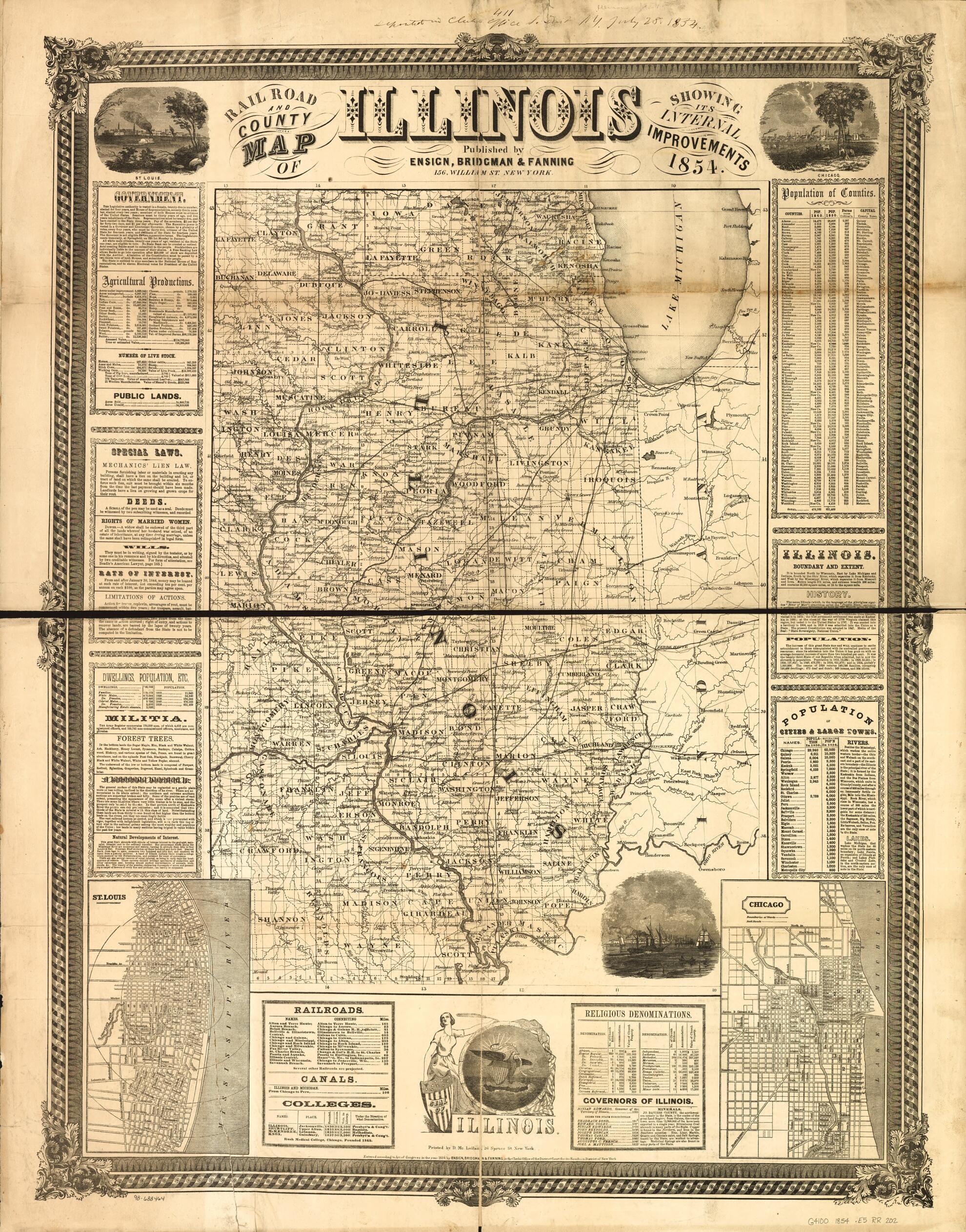 This old map of Rail Road and County Map of Illinois Showing Its Internal Improvements from 1854 was created by Bridgman & Fanning Ensign in 1854