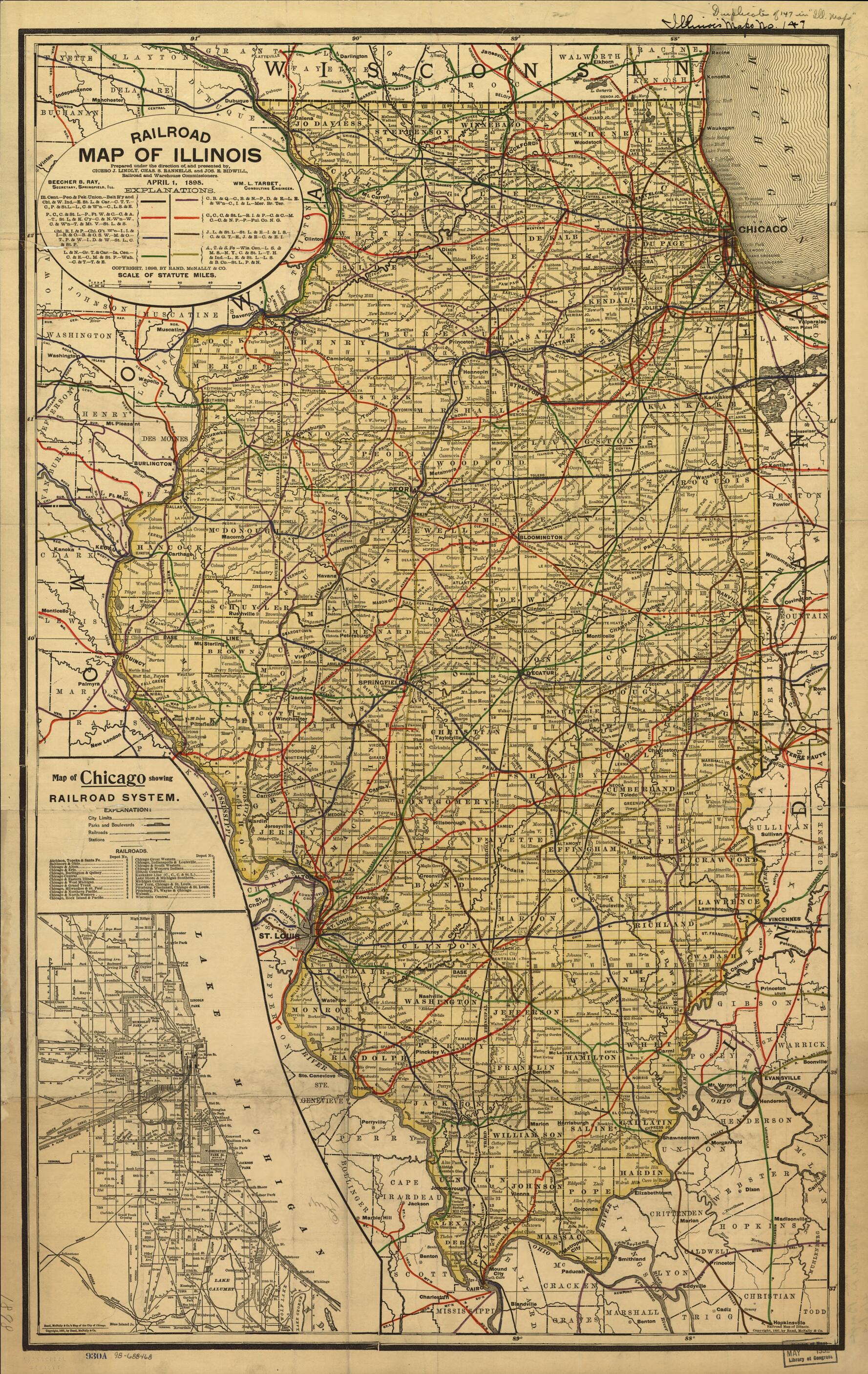 This old map of Railroad Map of Illinois Prepared Under the Direction Of, and Presented By, Cicero J. Lindly, Chas. S. Rannells, and Jos. E. Bidwell, Railroad and Warehouse Commissioners. April 1, from 1898 was created by Rand McNally and Company in 189