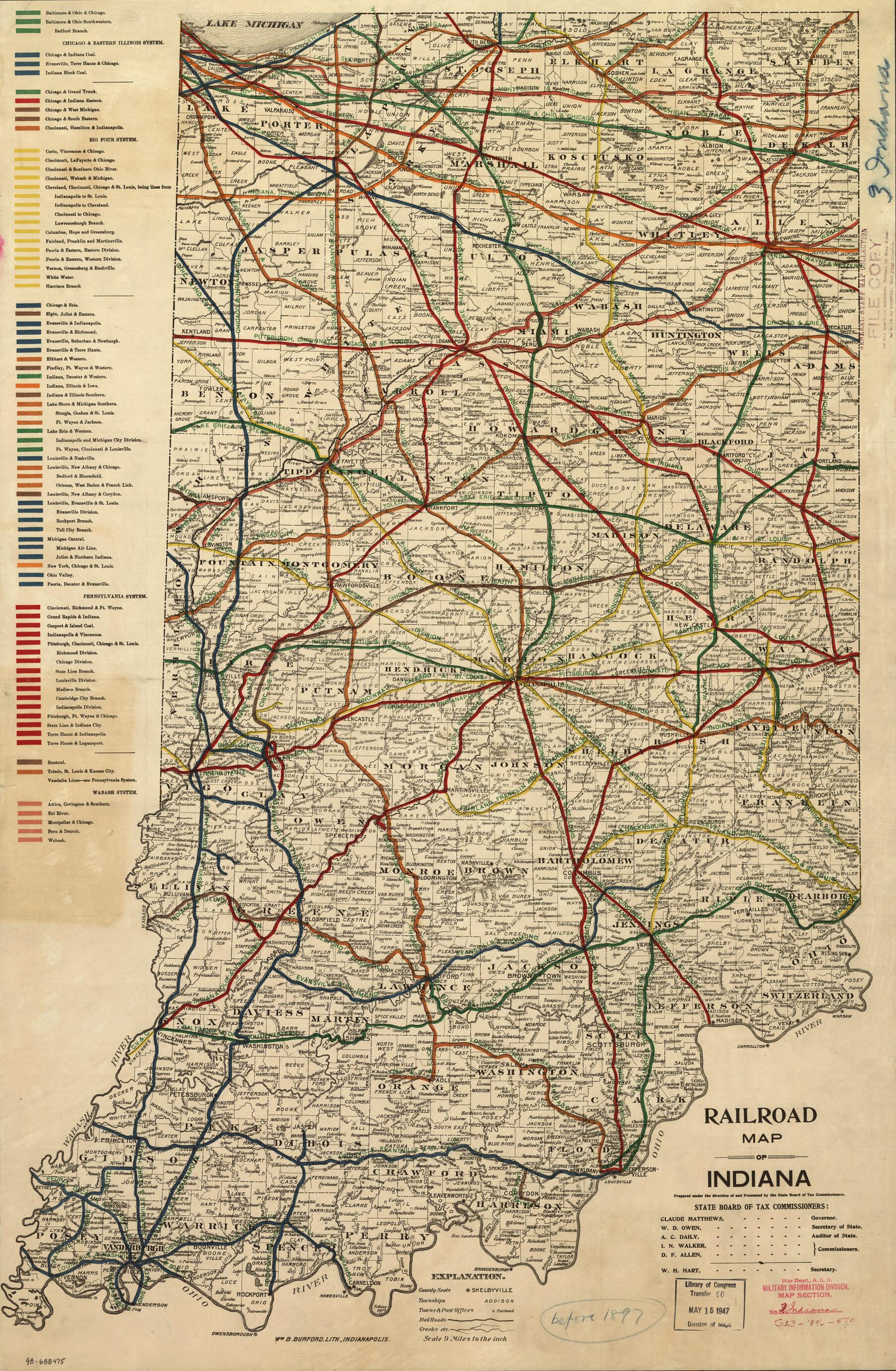 This old map of Railroad Map of Indiana from 1896 was created by Indiana. State Board of Tax Commissioners in 1896
