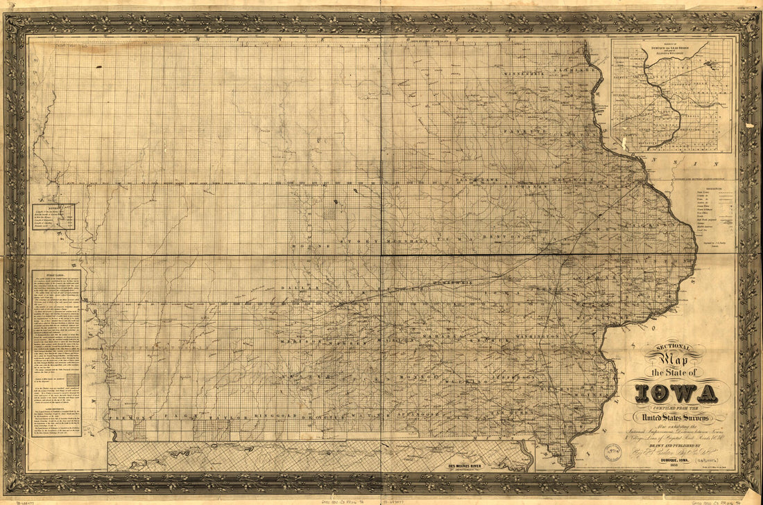 This old map of Sectional Map of the State of Iowa, Compiled from the United States Surveys Also Exhibiting the Internal Improvements, Distances Between Towns & Villages, Lines of Projected Rail Roads &c. &c.; Drawn and Published by Guy H. Carleton, Dep.