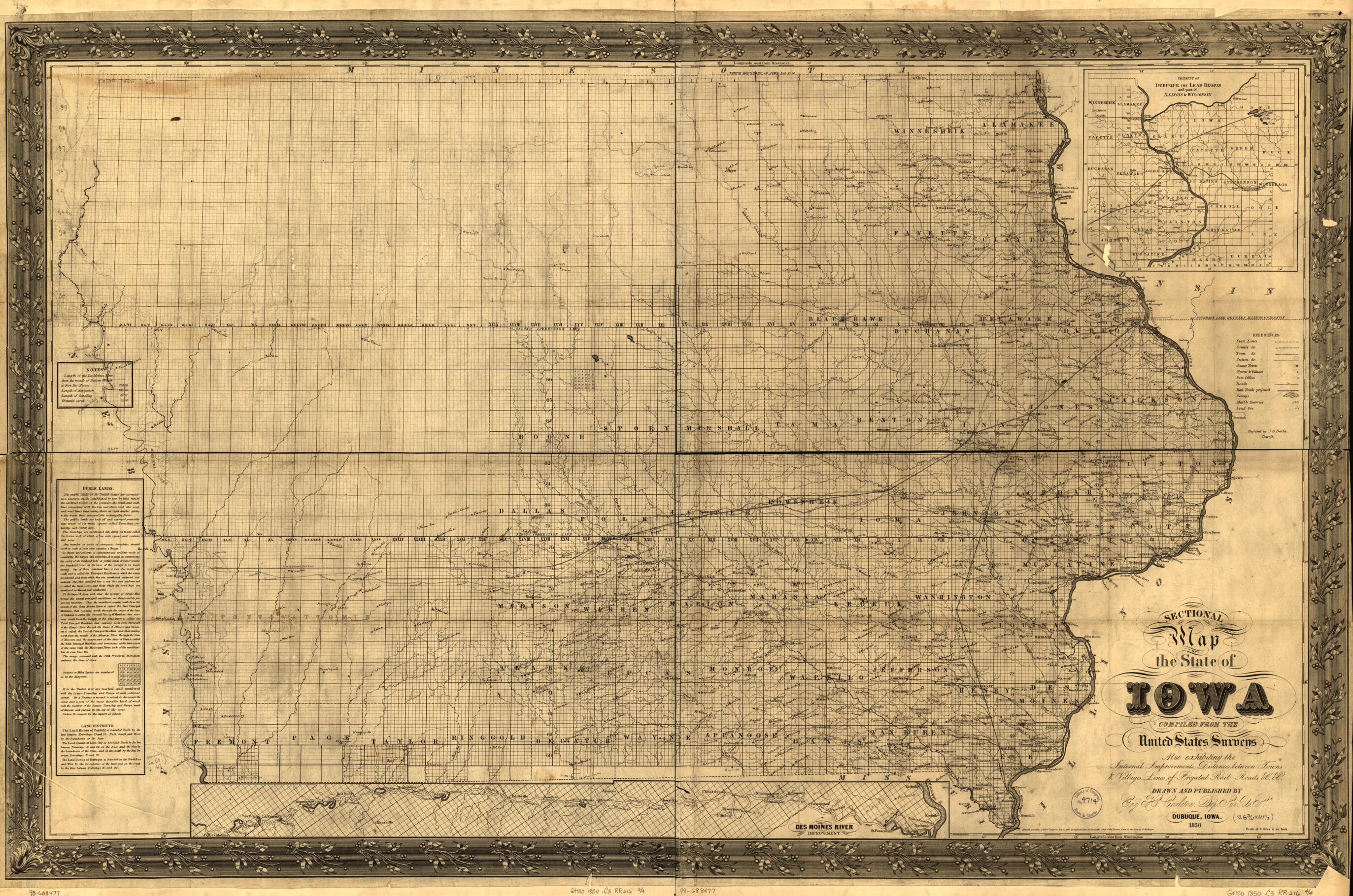 This old map of Sectional Map of the State of Iowa, Compiled from the United States Surveys Also Exhibiting the Internal Improvements, Distances Between Towns & Villages, Lines of Projected Rail Roads &c. &c.; Drawn and Published by Guy H. Carleton, Dep.