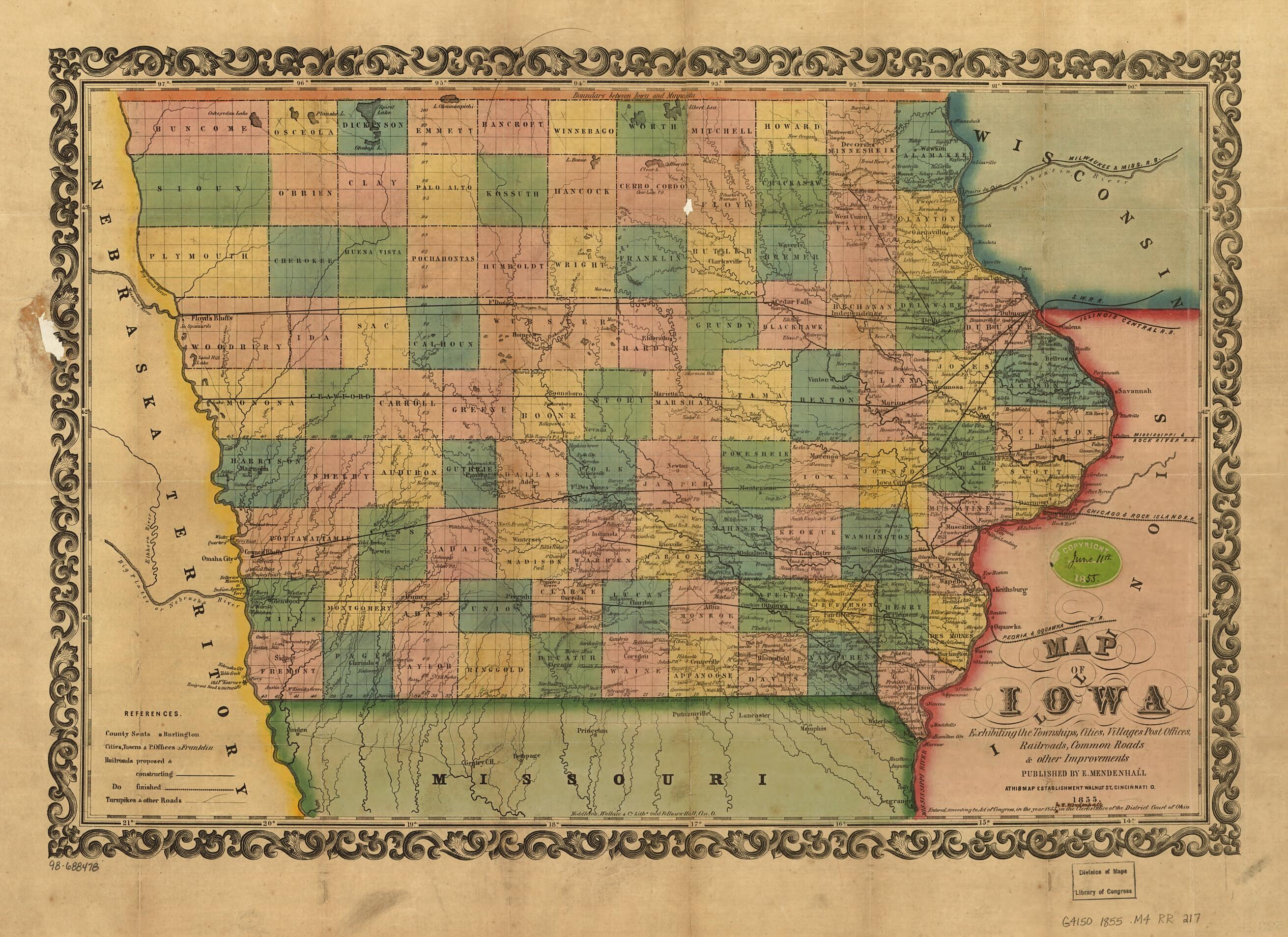 This old map of Map of Iowa Exhibiting the Townships, Cities, Villages Post Offices, Railroads, Common Roads & Other Improvements from 1855 was created by Edward Mendenhall in 1855