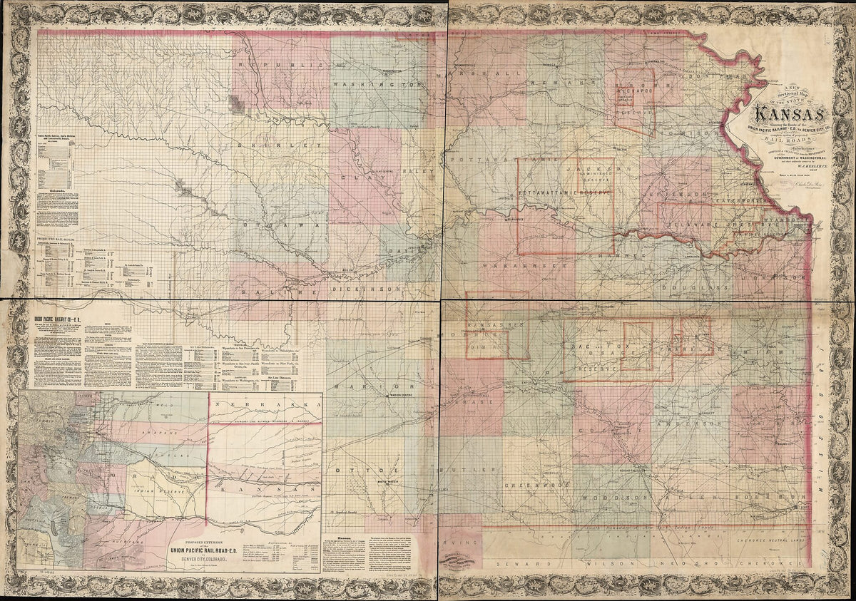 Kansas - E. D. to Denver City. Col. and Complete System of Projected Rail Roads. Information Compiled & Collected from Departments of the Government at Washington, D.C. and Other Authentic Sources by W. J. Keeler, C. E. 1867 by Relic Map Company
