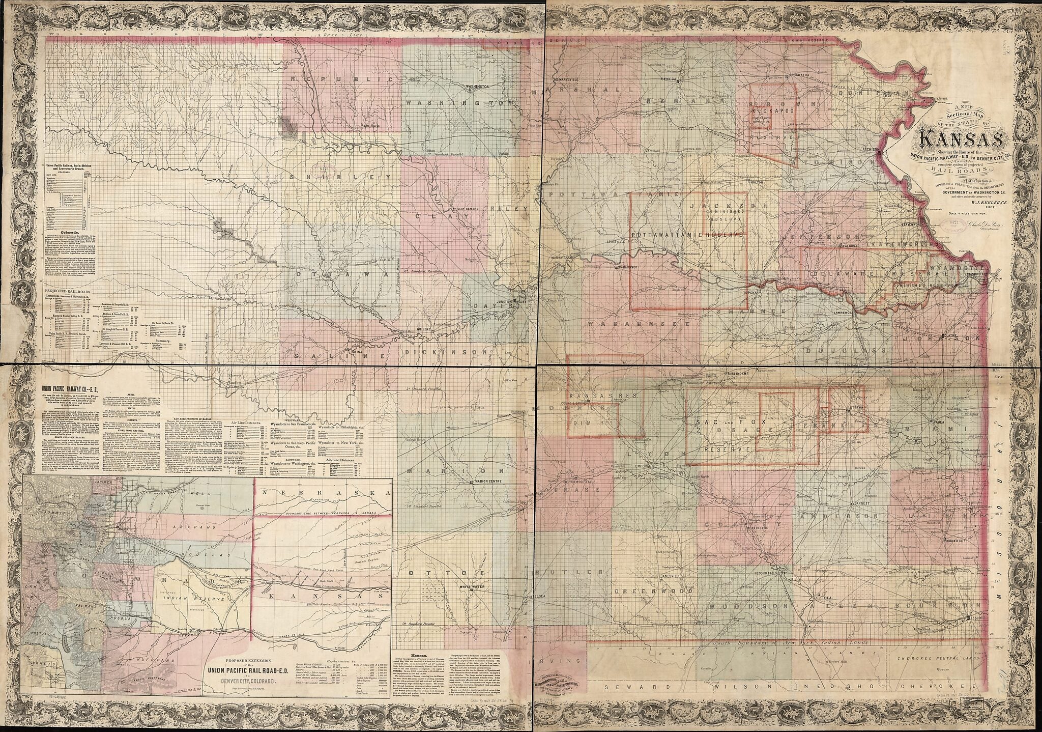 This old map of -E. D. to Denver City. Col. and Complete System of Projected Rail Roads. Information Compiled & Collected from Departments of the Government at Washington, D.C. and Other Authentic Sources by W. J. Keeler, C. E. from 1867 was created by C