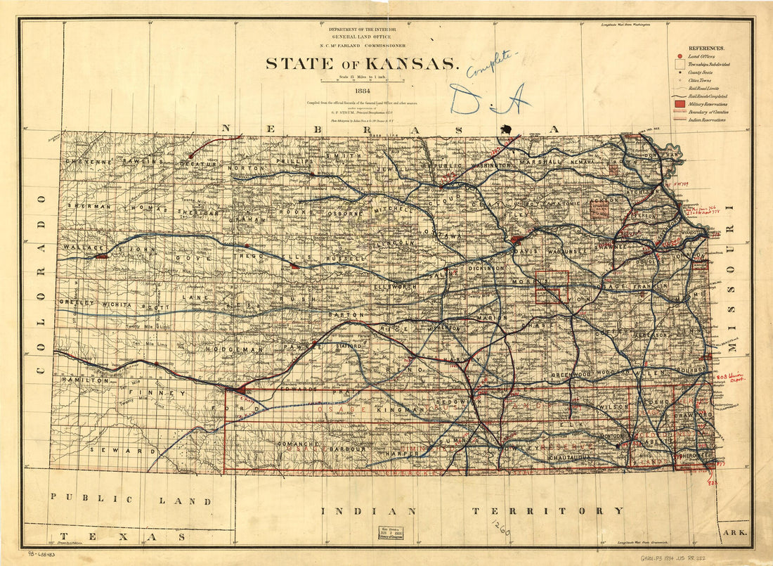 This old map of State of Kansas, from 1884; Compiled from the Official Records of the General Land Office and Other Sources Under Supervision of G.P. Strum, Principal Draughtsman, Photo Lith & Print by Julius Bien & Co. New York from 1884 was created by