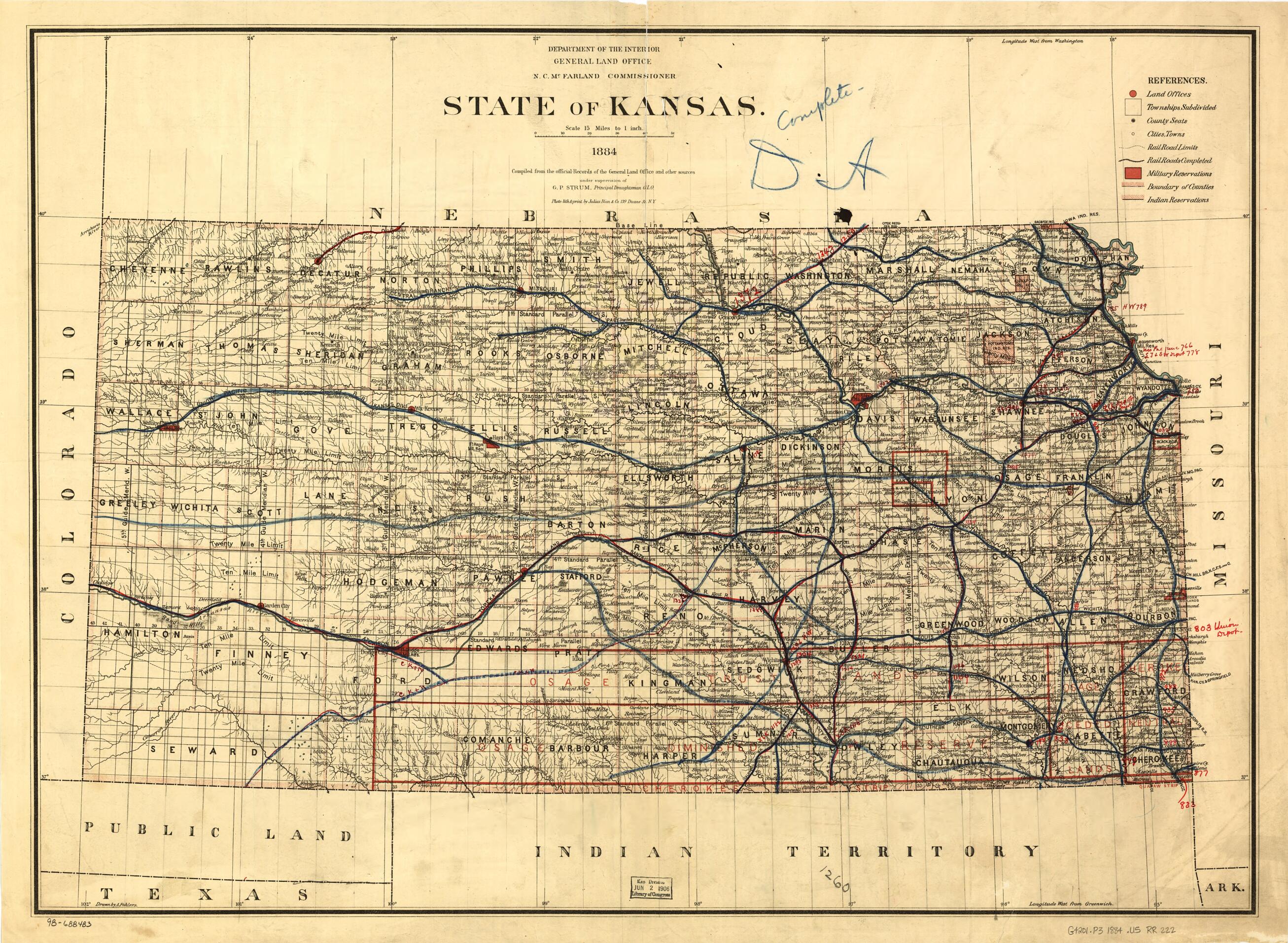 This old map of State of Kansas, from 1884; Compiled from the Official Records of the General Land Office and Other Sources Under Supervision of G.P. Strum, Principal Draughtsman, Photo Lith & Print by Julius Bien & Co. New York from 1884 was created by