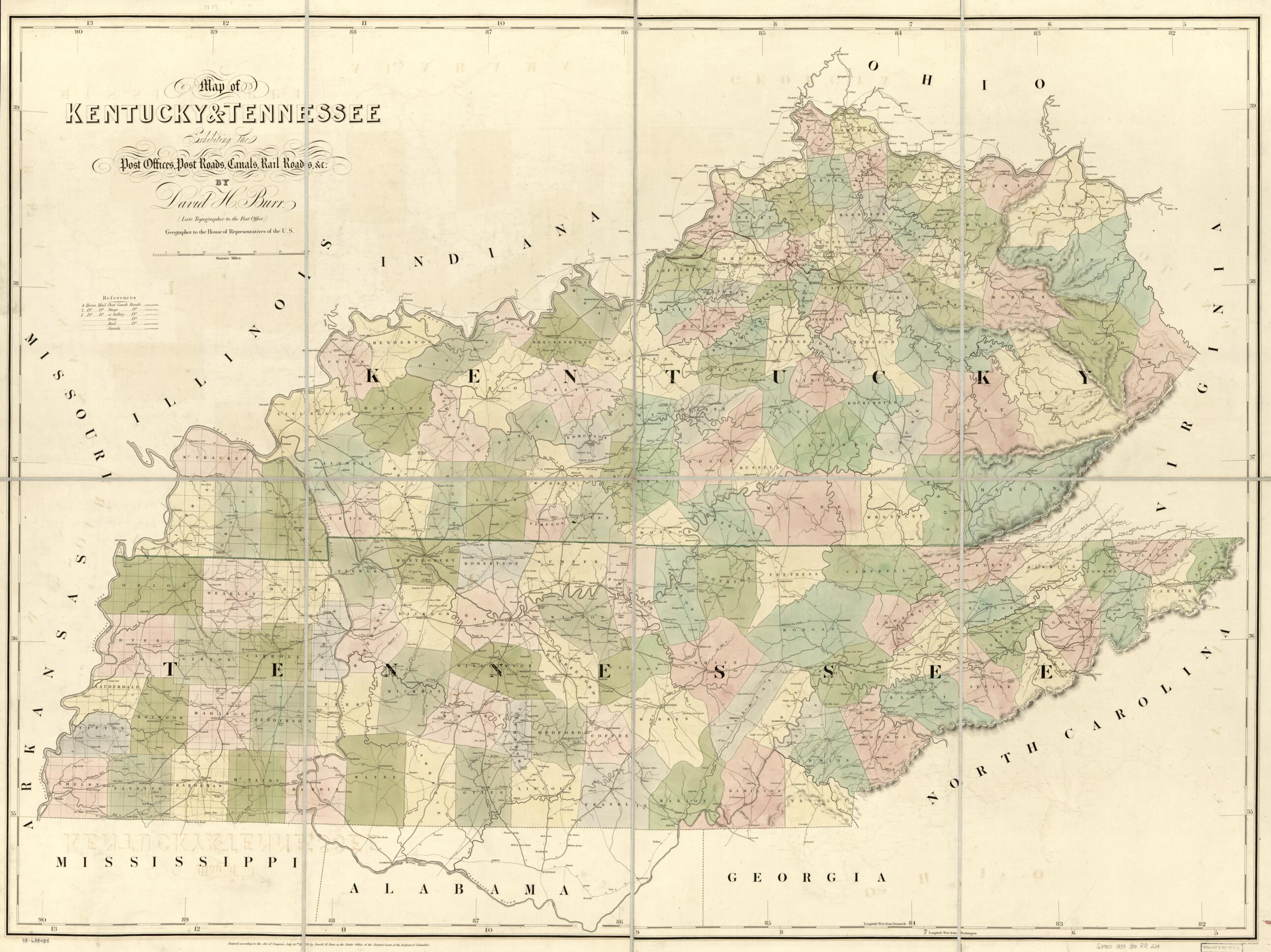 This old map of Map of Kentucky & Tennessee Exhitibing the Post Offices, Post Roads, Canals, Rail Roads, &c.; by David. H. Burr (Late Topographer to the Post Office,) Geographer to the House of Representatives of the U.S from 1839 was created by David H.