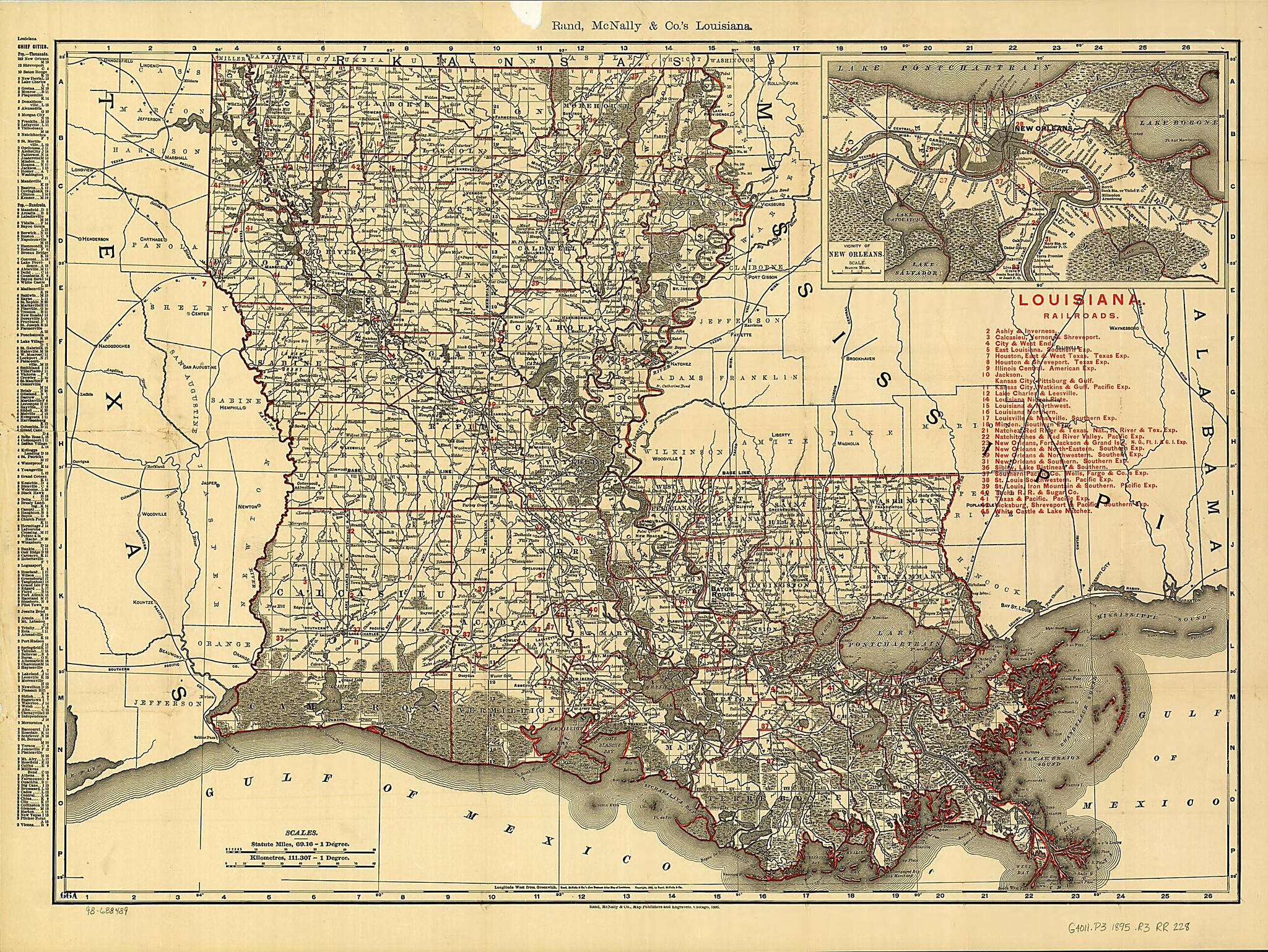 This old map of Louisiana from 1896 was created by Rand McNally and Company in 1896