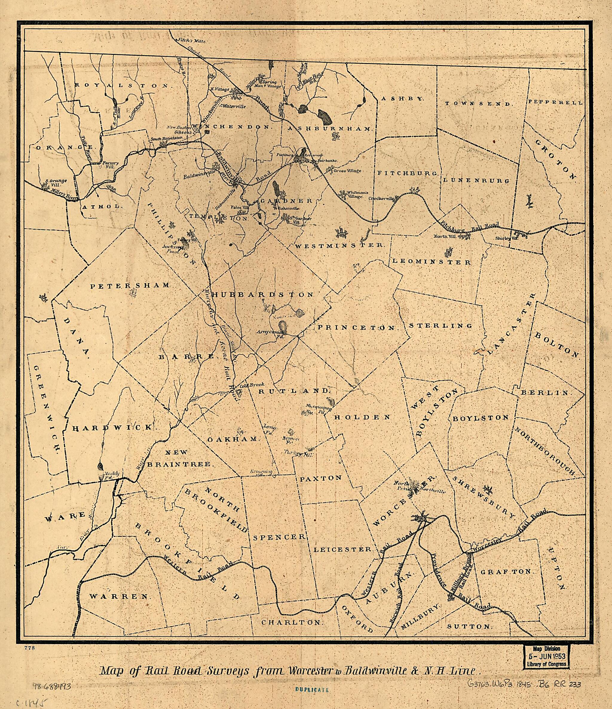 This old map of Map of Rail Road Surveys from Worcester to Baldwinville & N.H. Line from 1845 was created by Elisha W. Bouvé in 1845