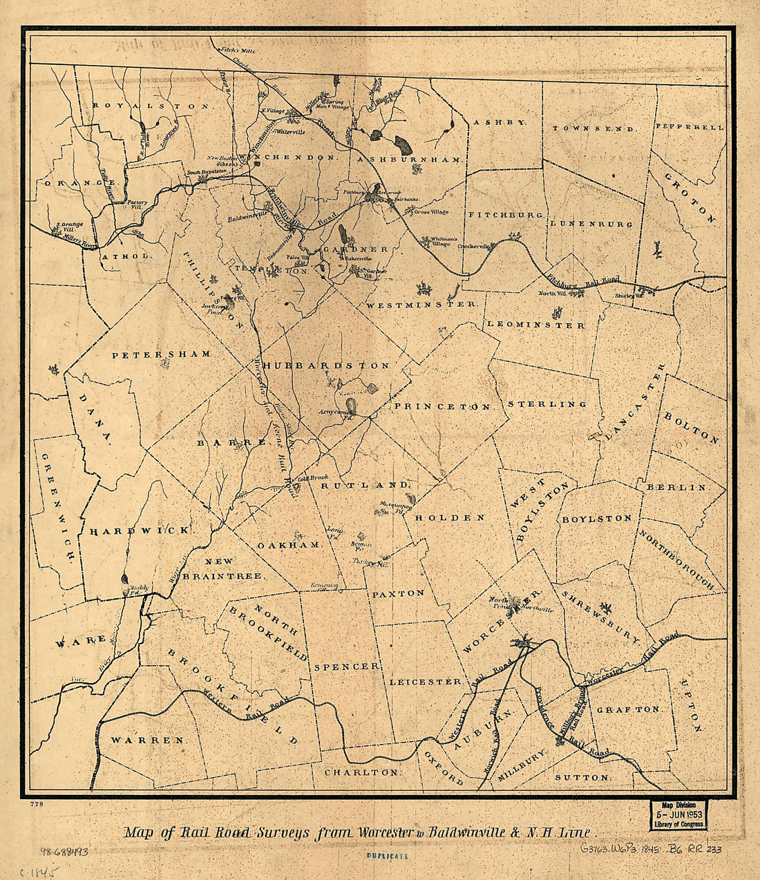 This old map of Map of Rail Road Surveys from Worcester to Baldwinville & N.H. Line from 1845 was created by Elisha W. Bouvé in 1845