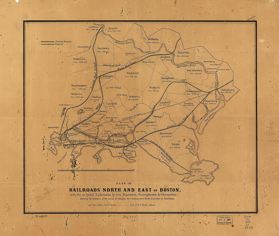 This old map of Plan of Railroads North and East of Boston, With the Projected Railroads from Danvers, Georgetown & Gloucester; Showing the Situation of the Towns & Villages, Their Distance from Boston & Number of Inhabitants from 1850 was created by Alo