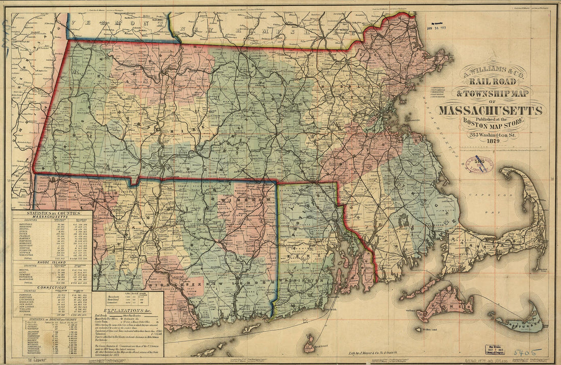 This old map of Rail Road & Township Map of Massachusetts, Published at the Boston Map Store, from 1879 was created by A. Williams & Co in 1879