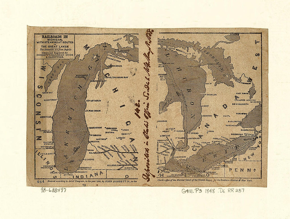 Railroads In Michigan, With Steamboat Routes On the Great Lakes. Drawn and Engraved for Doggett&