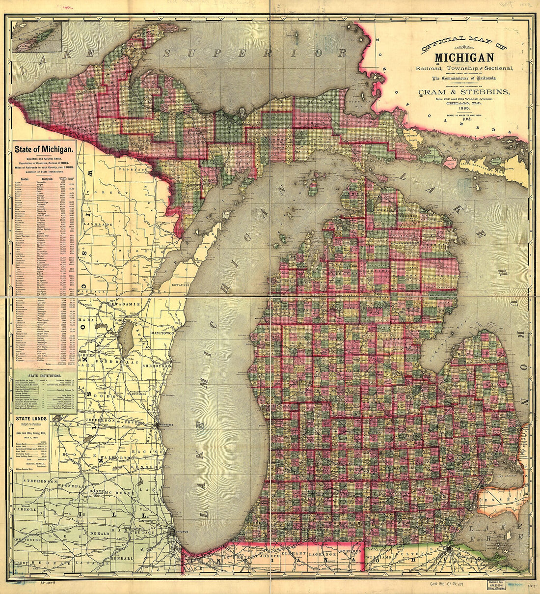 This old map of Official Map of Michigan, Railroad, Township and Sectional, Prepared Under the Direction of the Commissioner of Railroads from 1885 was created by Cram & Stebbins in 1885