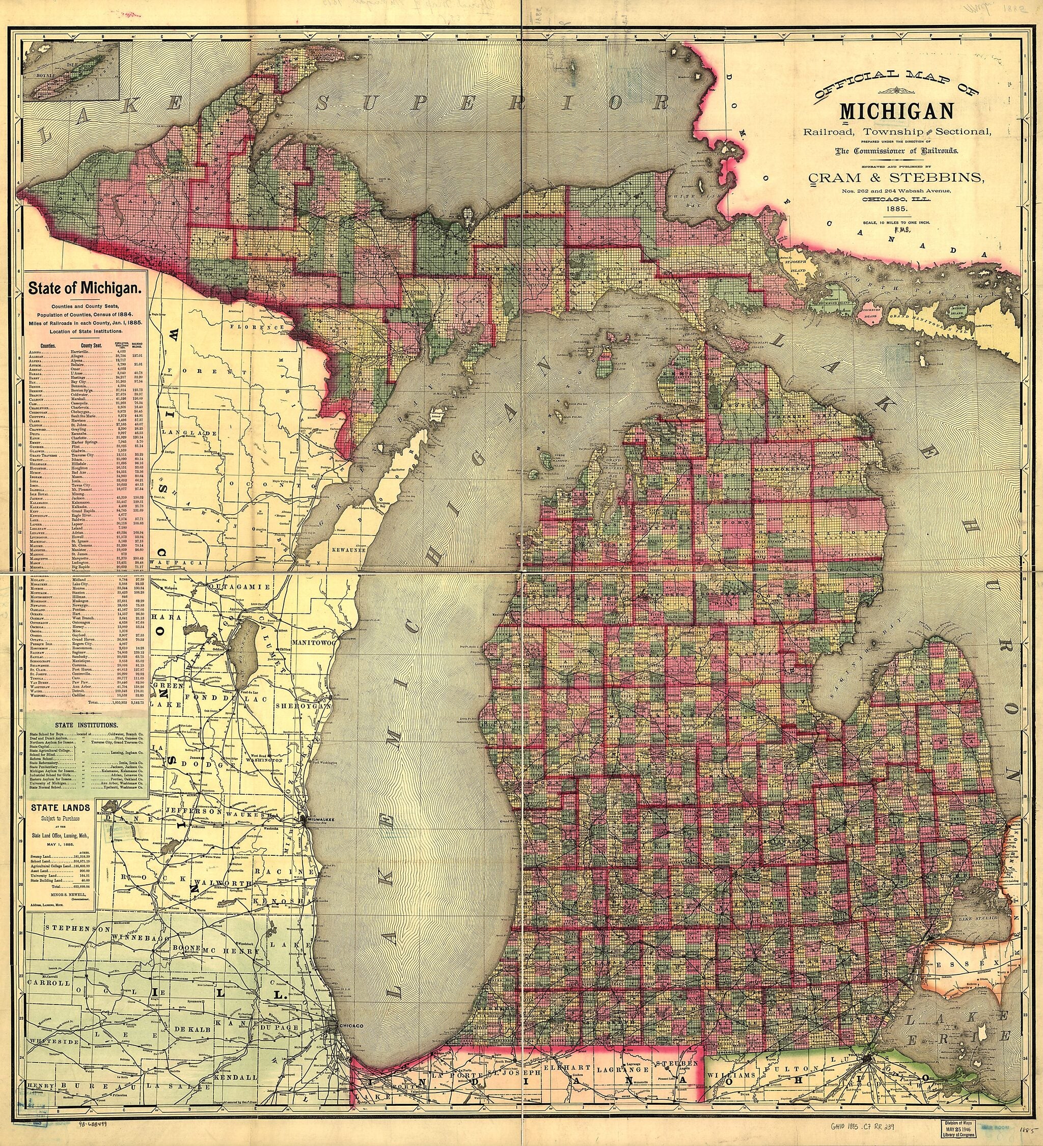 This old map of Official Map of Michigan, Railroad, Township and Sectional, Prepared Under the Direction of the Commissioner of Railroads from 1885 was created by Cram & Stebbins in 1885