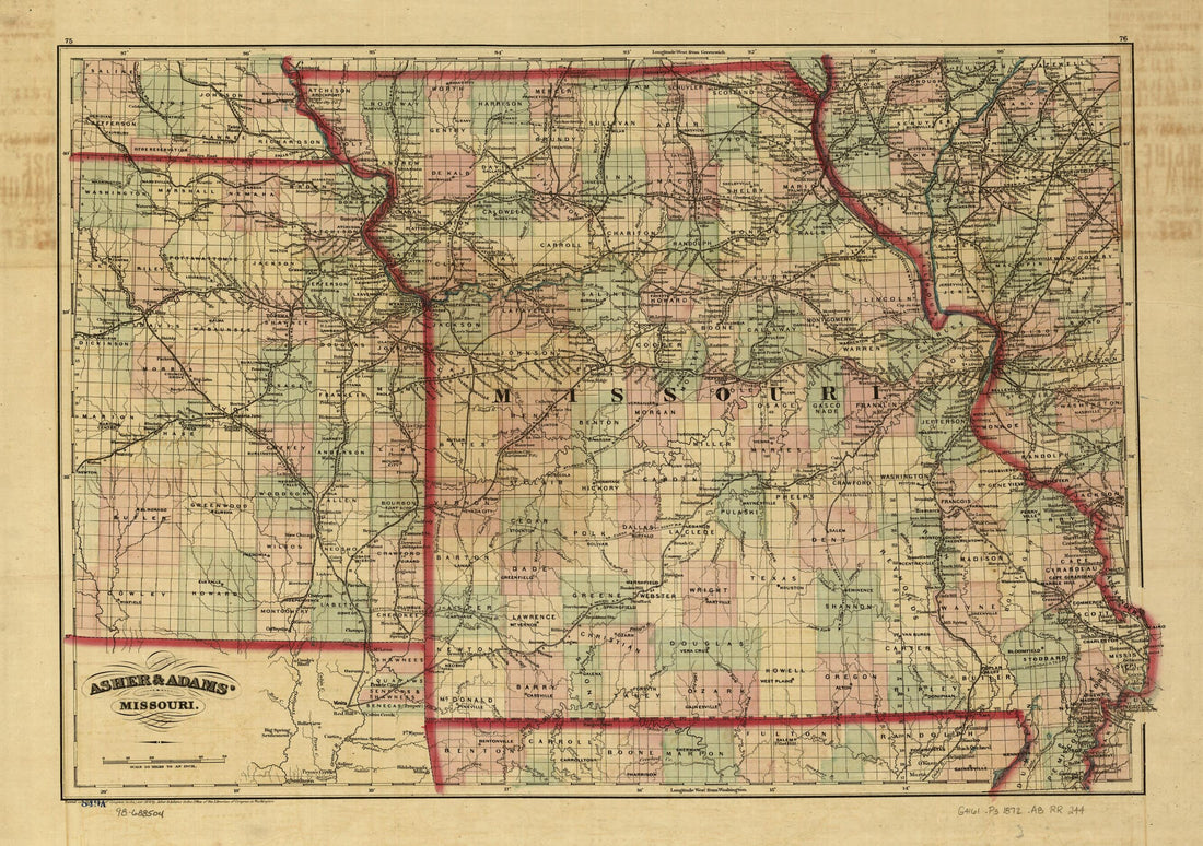 This old map of New Commercial and Topographical Rail Road Map & Guide of Missouri from 1872 was created by Asher & Adams in 1872