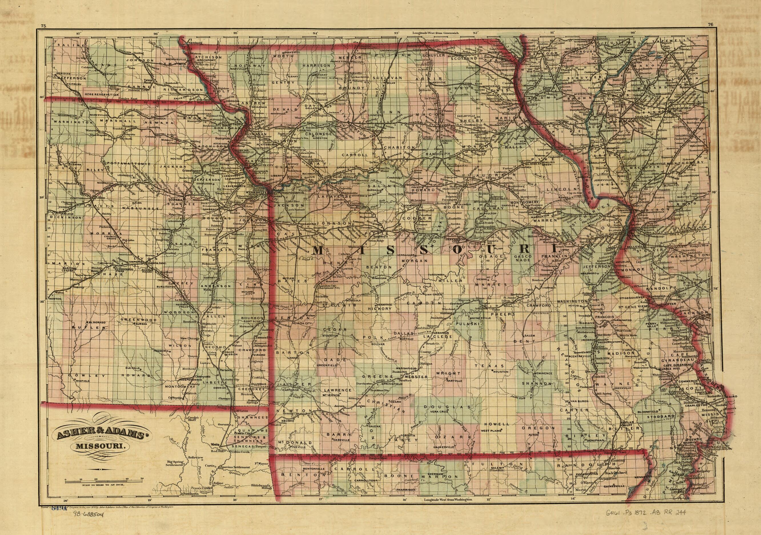 This old map of New Commercial and Topographical Rail Road Map & Guide of Missouri from 1872 was created by Asher & Adams in 1872