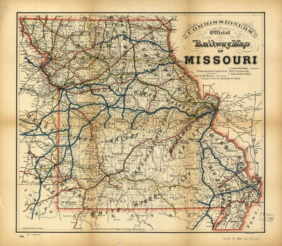 This old map of Commissioners Official Railway Map of Missouri. Completed to January 1st from 1888. Copyright 1887 by R. T. Higgins was created by Higgins & Co in 1888