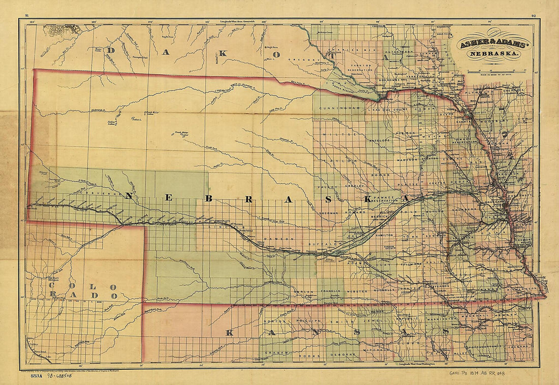 This old map of New Commercial and Topographical Rail Road Map & Guide of Nebraska from 1874 was created by Asher & Adams in 1874