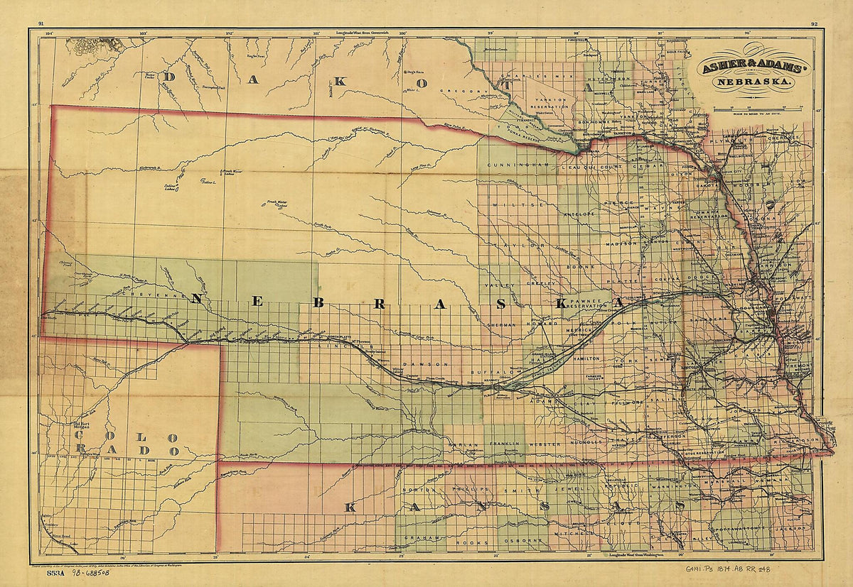 New Commercial and Topographical Rail Road Map & Guide of Nebraska 1874 by Relic Map Company