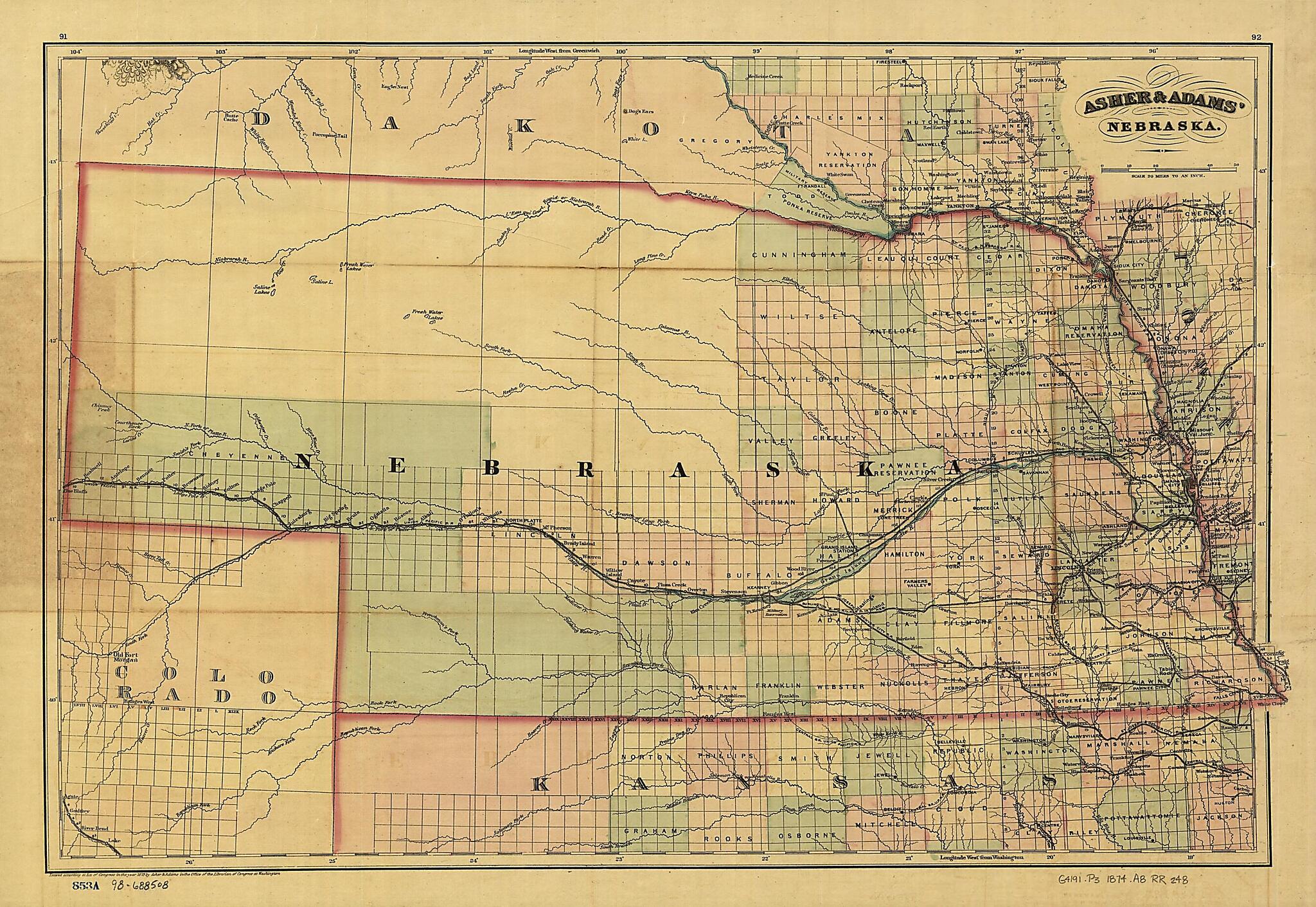 This old map of New Commercial and Topographical Rail Road Map & Guide of Nebraska from 1874 was created by Asher & Adams in 1874