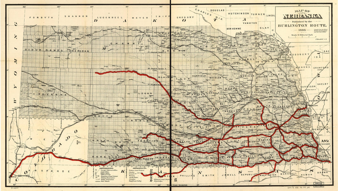 This old map of Map of Nebraska Published by the Burlington Route from 1886, Compiled from the Official Records of the Government and Rail Road Offices was created by F. Hirschfield in 1886