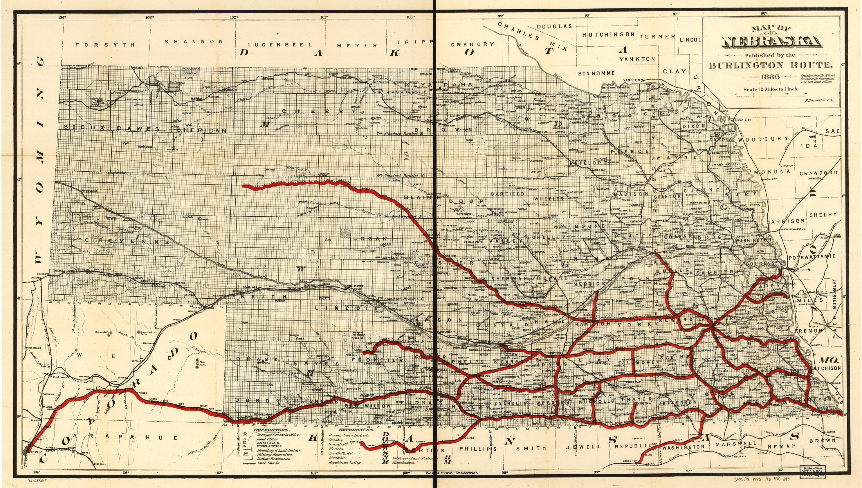 This old map of Map of Nebraska Published by the Burlington Route from 1886, Compiled from the Official Records of the Government and Rail Road Offices was created by F. Hirschfield in 1886