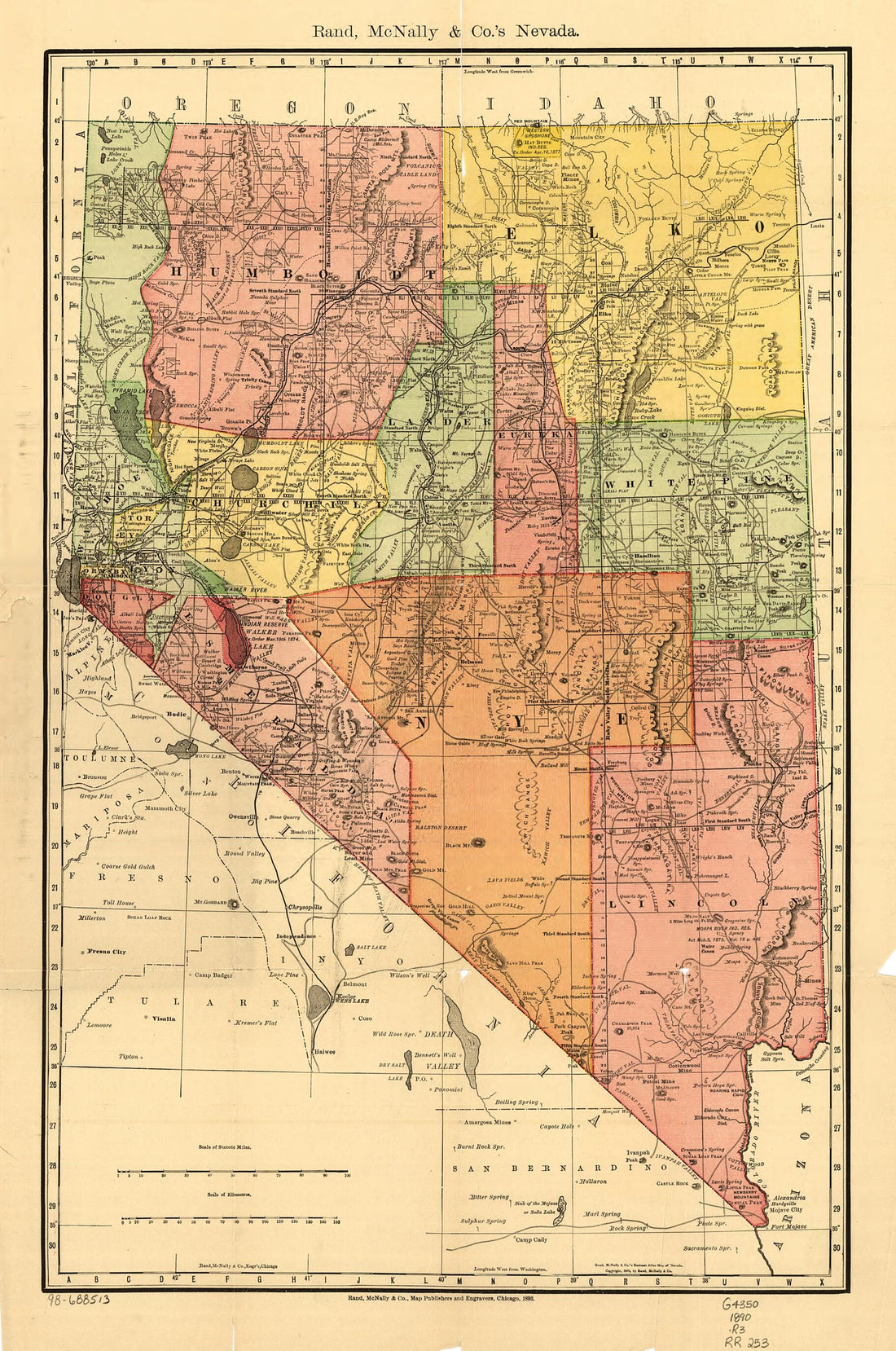 This old map of Indexed County and Township Pocket Map and Shippers Guide of Nevada, Accompanied by a New and Origianl Compilation and Ready Reference Index, Showing In Detail the Entire Railroad Network from 1893 was created by Rand McNally and Company in 1893
