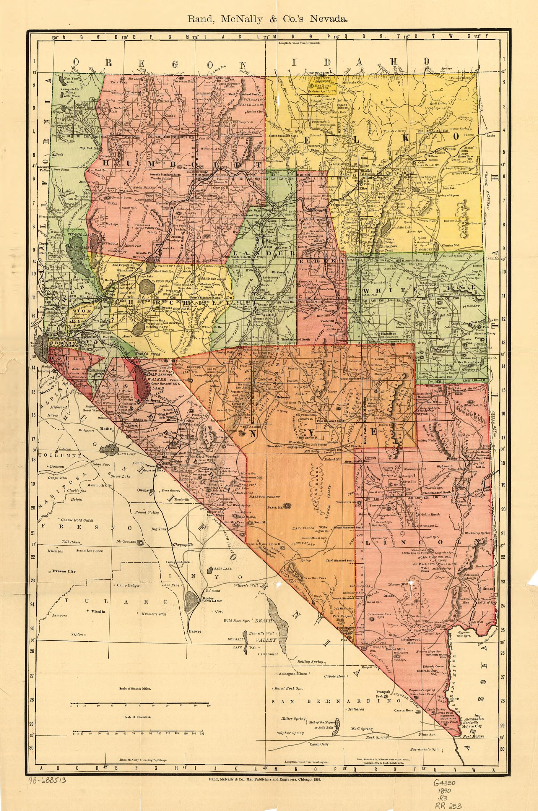 This old map of Indexed County and Township Pocket Map and Shippers Guide of Nevada, Accompanied by a New and Origianl Compilation and Ready Reference Index, Showing In Detail the Entire Railroad Network from 1893 was created by Rand McNally and Company in 1893