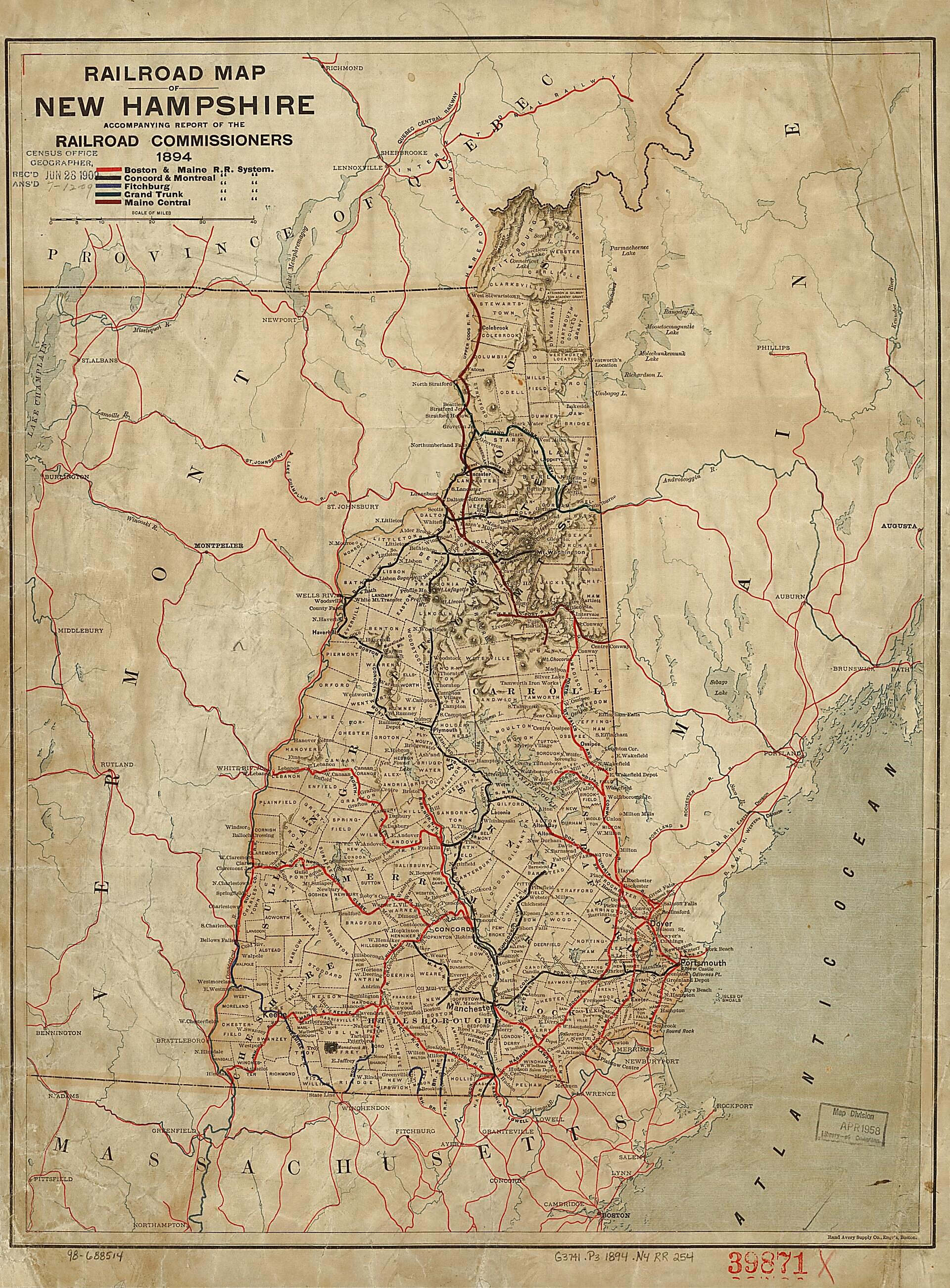 This old map of Railroad Map of New Hampshire Accompanying Report of the Railroad Commissioners, from 1894 was created by New Hampshire. Railroad Commissioners in 1894