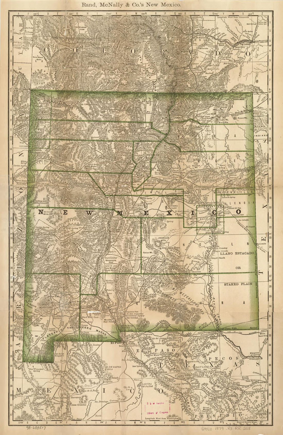 This old map of Indexed Map of New Mexico Showing Stage Lines, Counties Lake & Rivers from 1879 was created by Rand McNally and Company in 1879