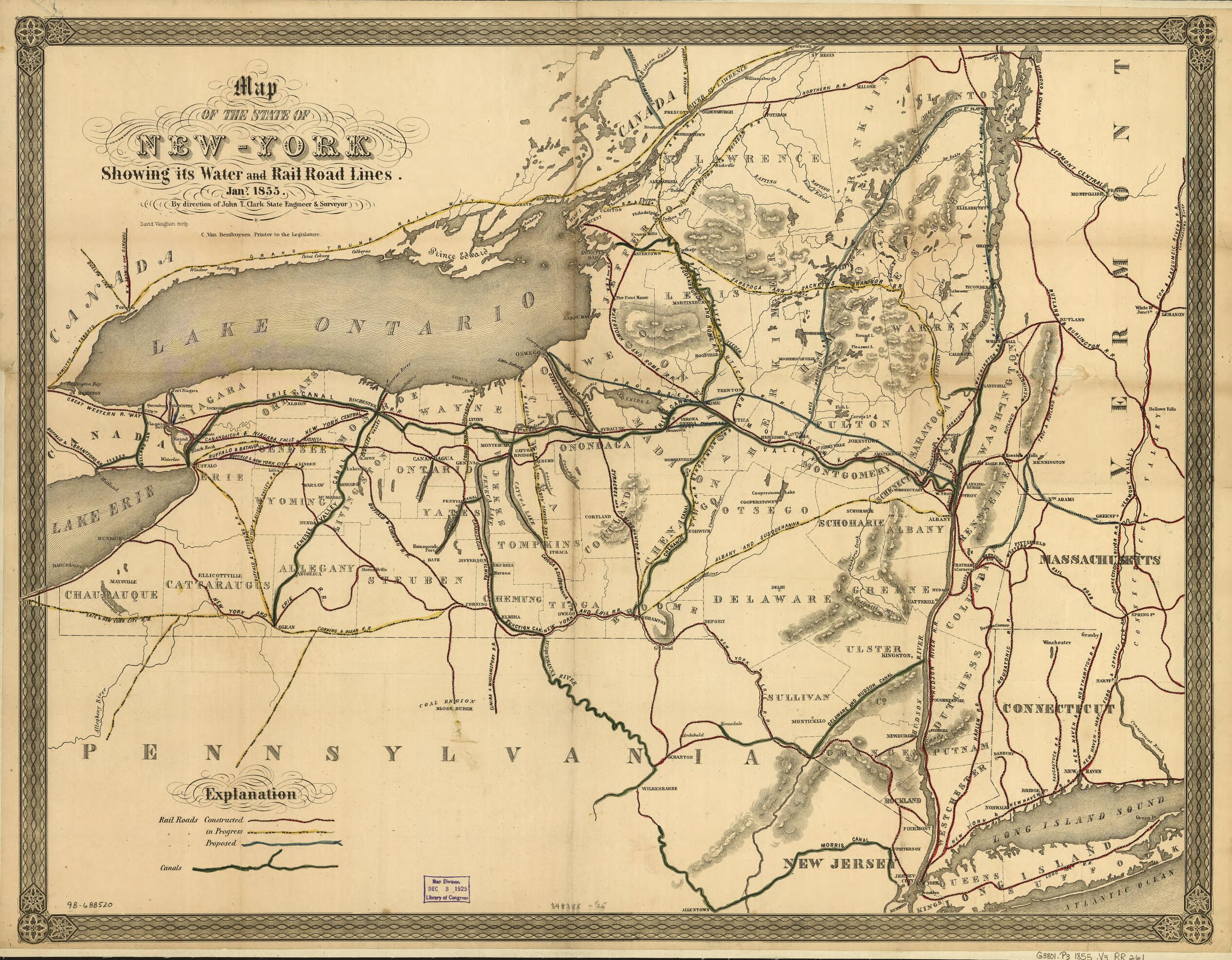 This old map of York Showing Its Water and Rail Road Lines. Jan from 1855, by Direction of John T. Clark State Engineer & Surveyor was created by David Vaughan in 1855