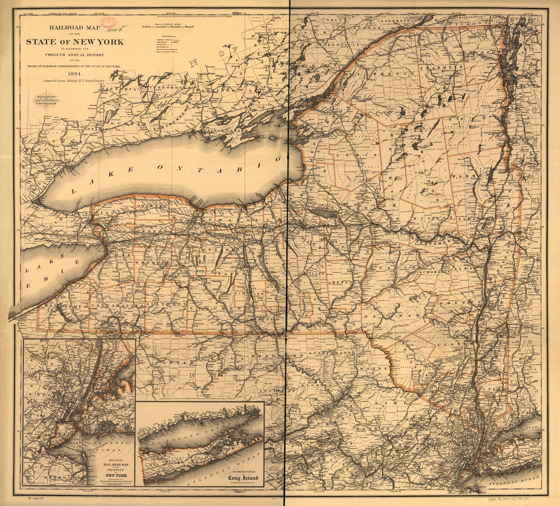 This old map of Railroad Map of the State of New York to Accompany the Twelfth Annual Report of the Board of Railroad Commissioners of the State of New York, from 1894 was created by G.W. & C.B. Colton & Co in 1894