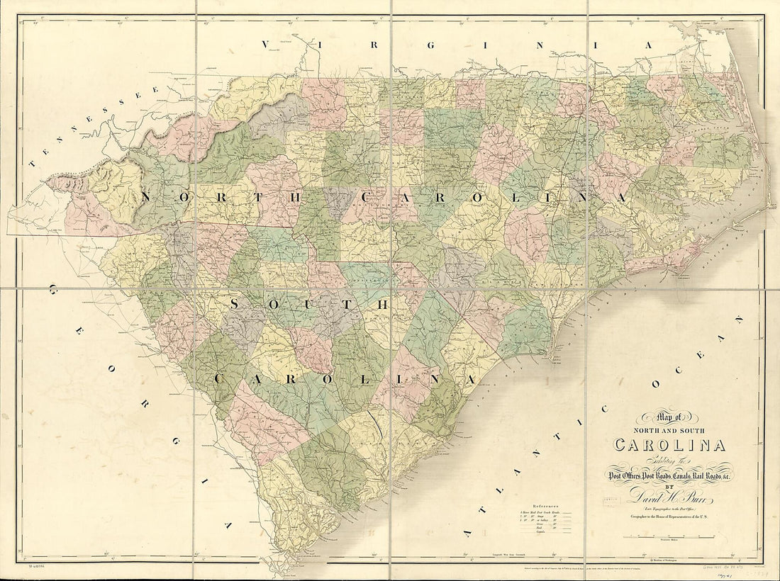 This old map of Map of North and South Carolina Exhibiting the Post Offices Post Roads, Canals, Rail Roads &c. by David H. Burr; (Late Topographer to the Post Office.) Geographer to the House of Representatives of the U.S from 1839 was created by David H